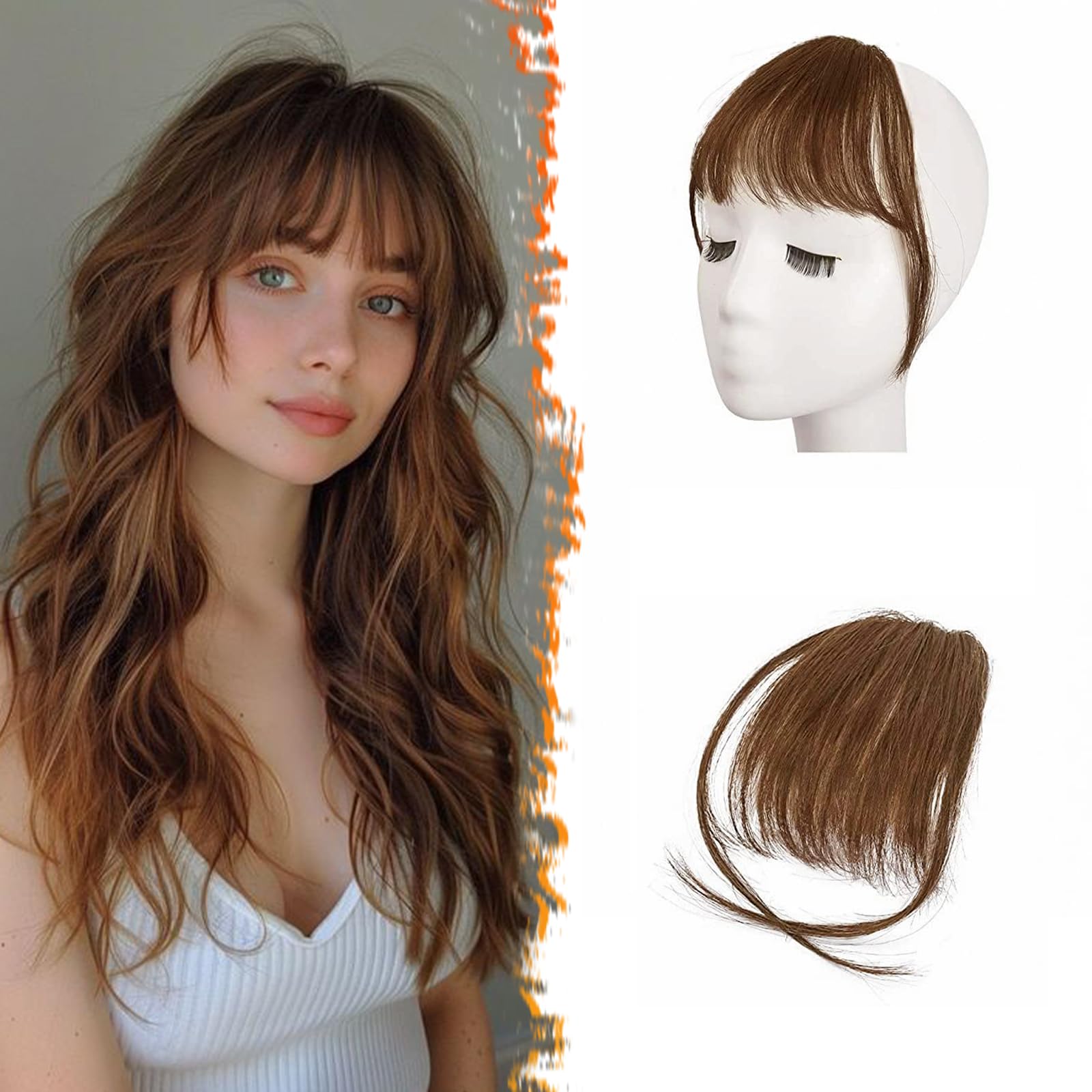 BARSDAR Clip-in Bangs for Women - Real Human Hair Wispy Fringe Extensions, Medium Brown with Temples | Perfect for Daily Wear, Cosplay & Hairstyle Transformations