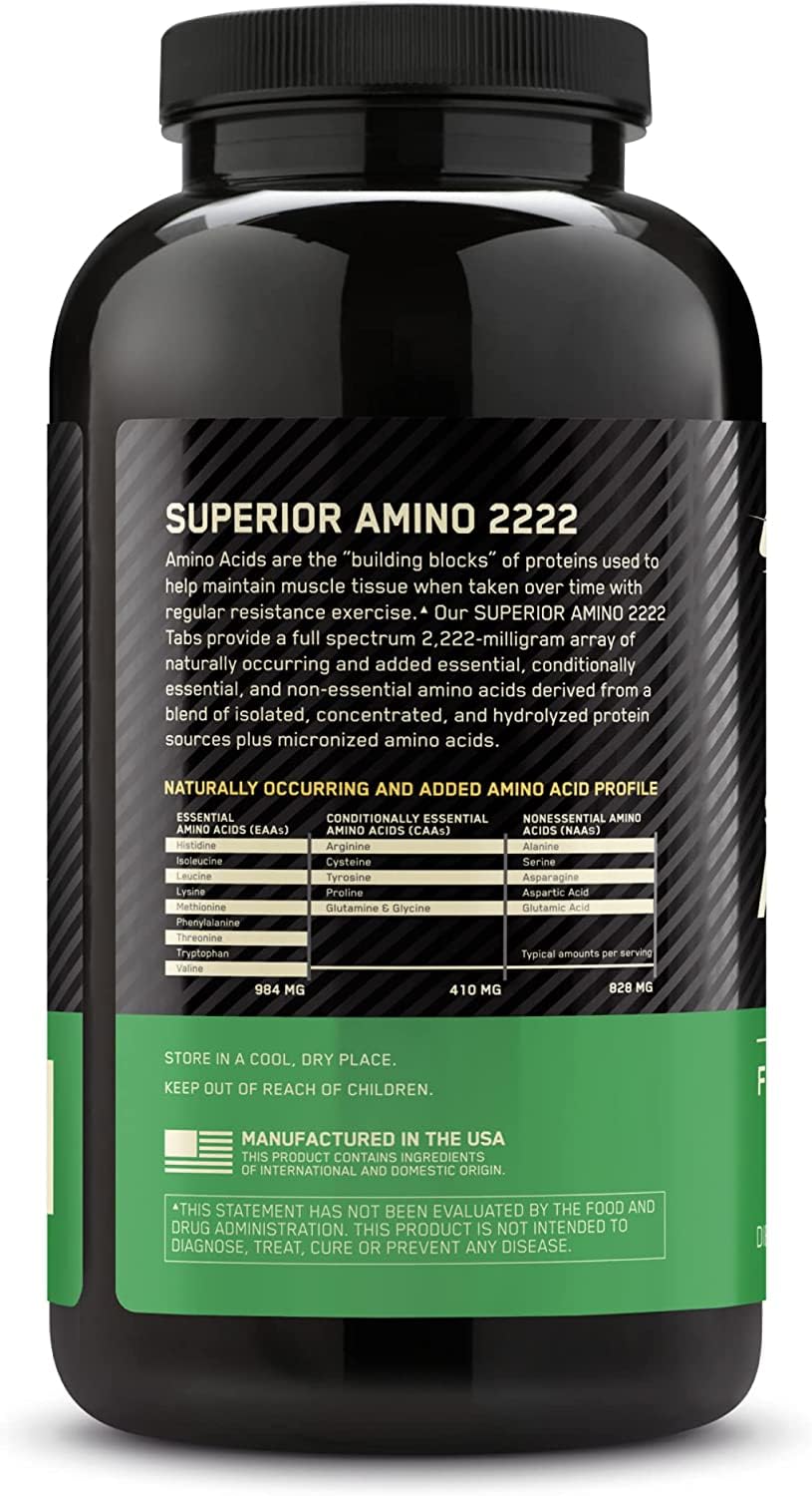 Optimum Nutrition Superior Amino 2222 Tablets - 320 Count | Complete Essential Amino Acids (EAAs) Supplement for Muscle Recovery & Growth | Pre-Workout & Post-Workout Nutrition for Athletes & Fitness Enthusiasts