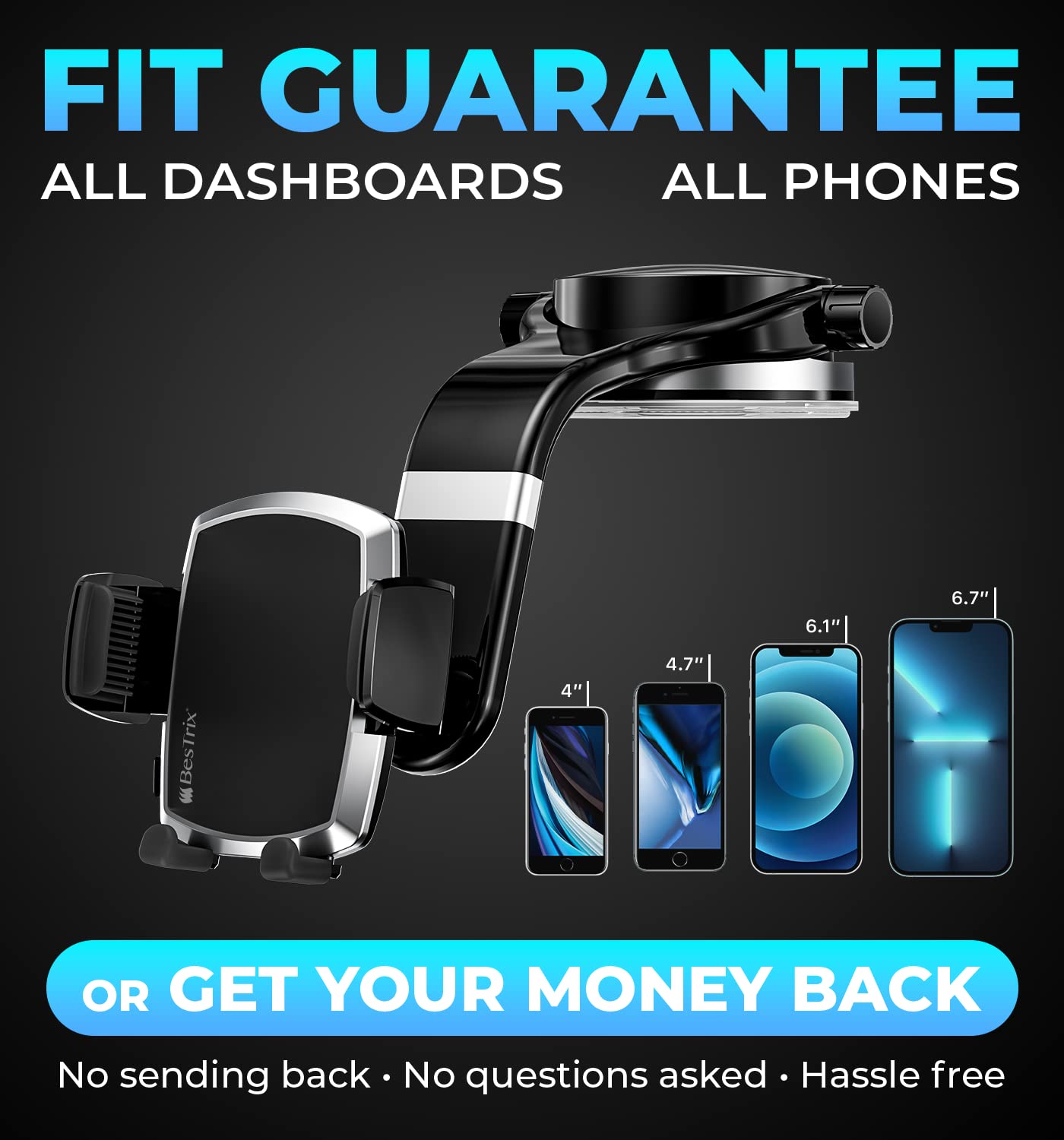 Bestrix Magnetic Car Phone Holder - Universal Smartphone Mount for iPhone 14/13/12/Xr/Xs/X & Galaxy S22 - Strong Black Magnetic Phone Stand for Safe Driving & Hands-Free Navigation