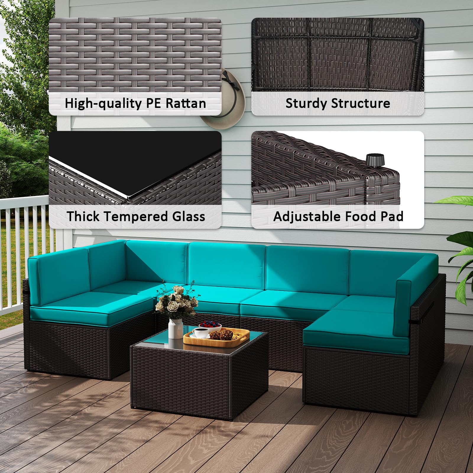 **Kinfant 7-Piece Outdoor Patio Furniture Set - Rattan Sectional Sofa with Coffee Table & Washable Cushions - Blue Wicker Conversation Set for Porch, Poolside, Backyard & Garden Relaxation**