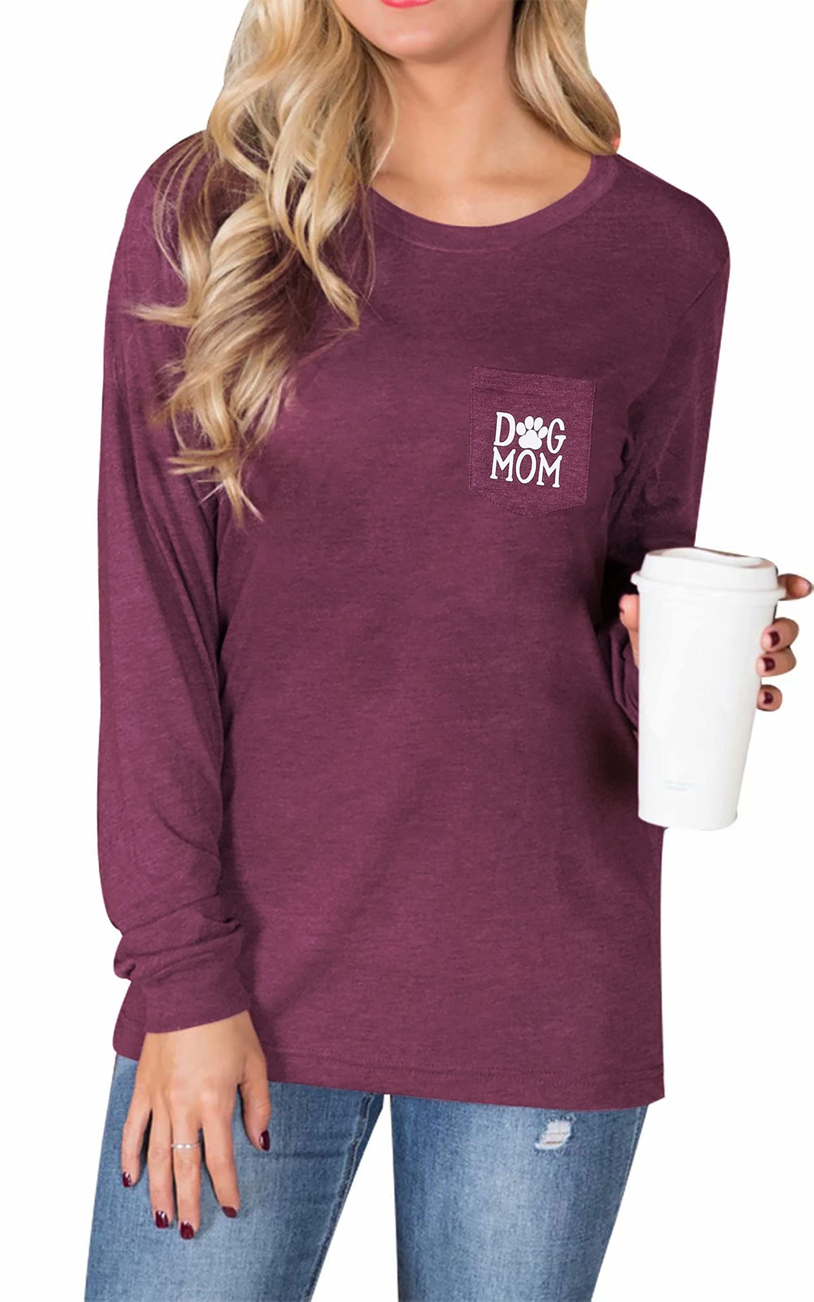 Dog Mom Pullover - Cute Dog Lover Graphic Tee with Paw Print Design & Patch Pocket | Women's Casual Long Sleeve Shirt for Dog Owners | Perfect for Pet Lovers, Dog Walks & Cozy Outfits