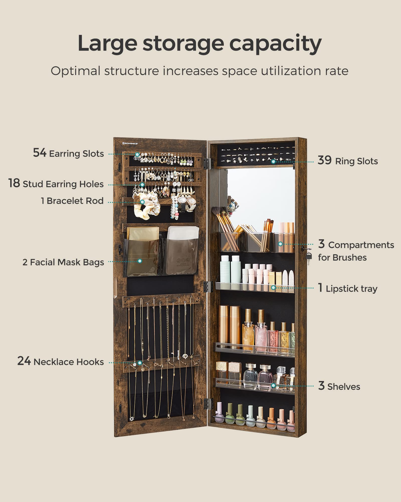 SONGMICS Jewelry Cabinet Armoire with Full-Length Mirror - Wall or Door Mount Jewelry Organizer with Lock, Shelves & Built-in Small Mirror - Rustic Brown UJJC003X01 - Perfect for Bedroom, Closet & Gift Giving