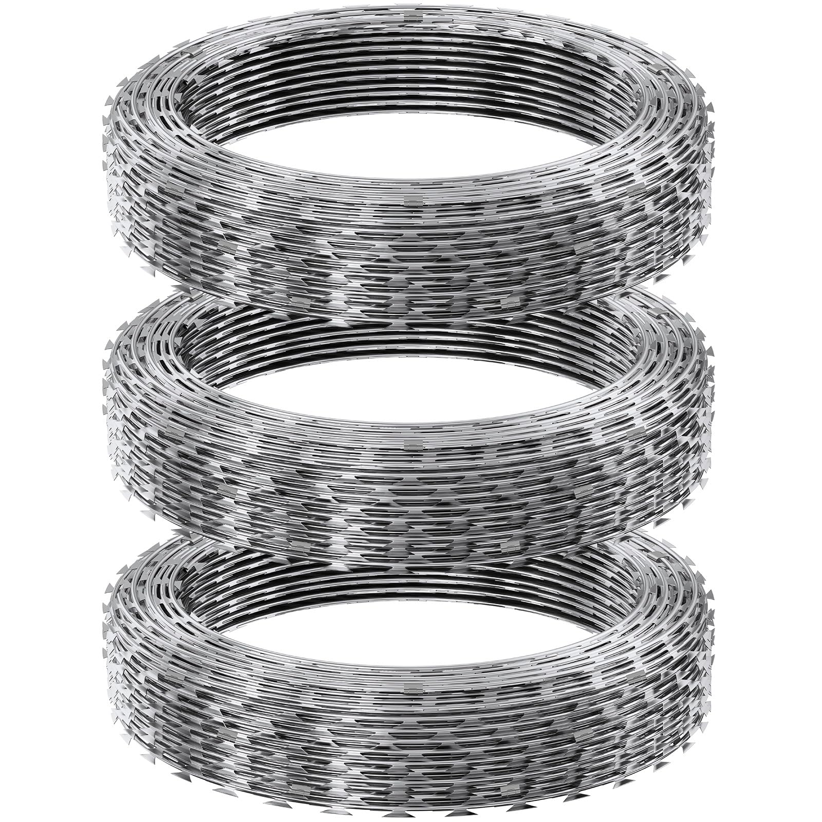 VEVOR 147 ft Galvanized Razor Barbed Wire - 3 Rolls Double Spiral Razor Ribbon Fencing for Security, Garden Protection & Perimeter Defense | Heavy Duty Galvanized Steel Wire for Home, Farm & Commercial Use
