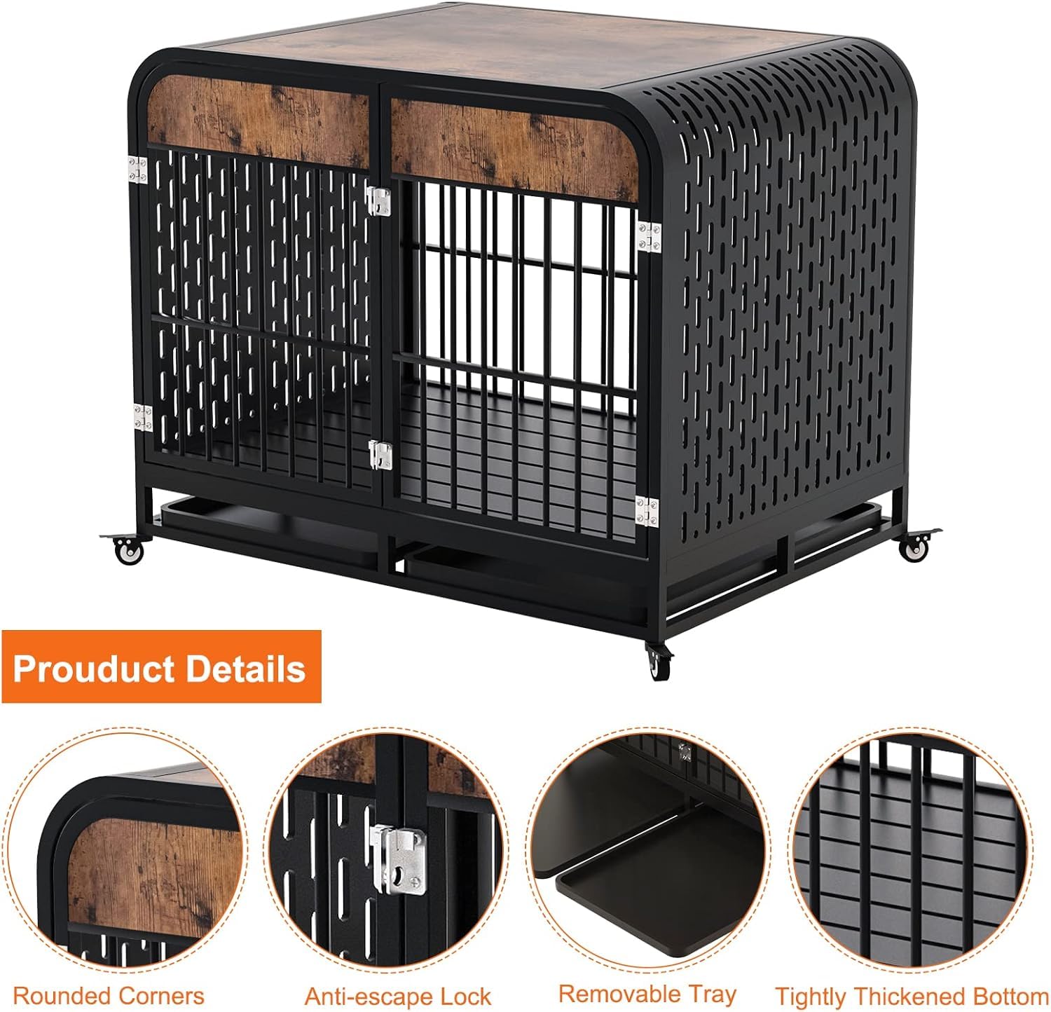 Heavy Duty 42 Inch Large Dog Crate - Wooden Furniture Style Kennel with Table Top | Rustic Brown Indoor Dog House for Living Room, Bedroom & Office Use