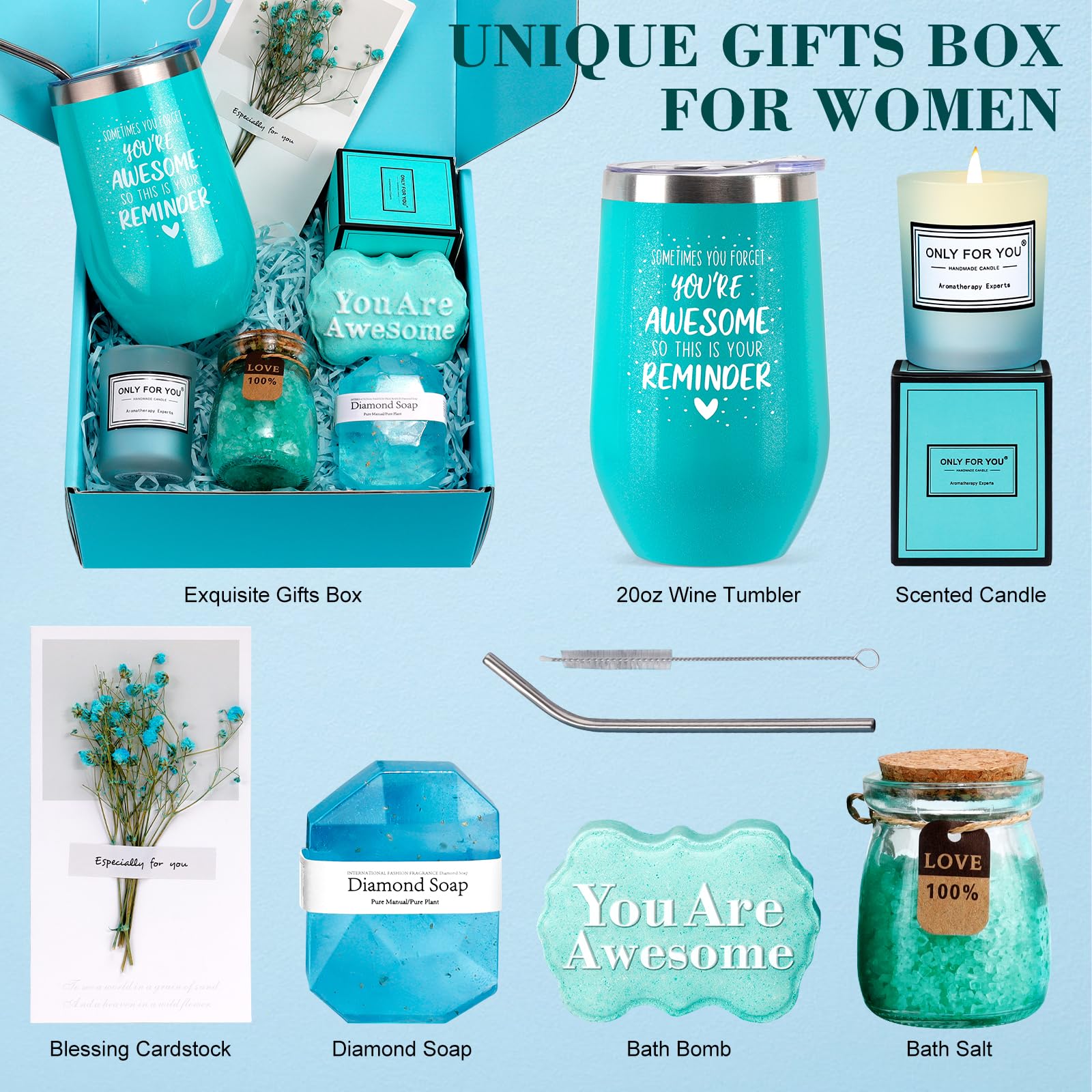 Relaxing Spa Gift Basket Set for Women - Birthday Gifts for Her, Mom, Grandma, Daughter, Sister, Wife, Girlfriend & Coworkers - Unique Bath Set with Essential Oils, Bath Bombs & More (Blue) - Perfect for Self-Care, Mother's Day, Anniversary & Thank You Gifts