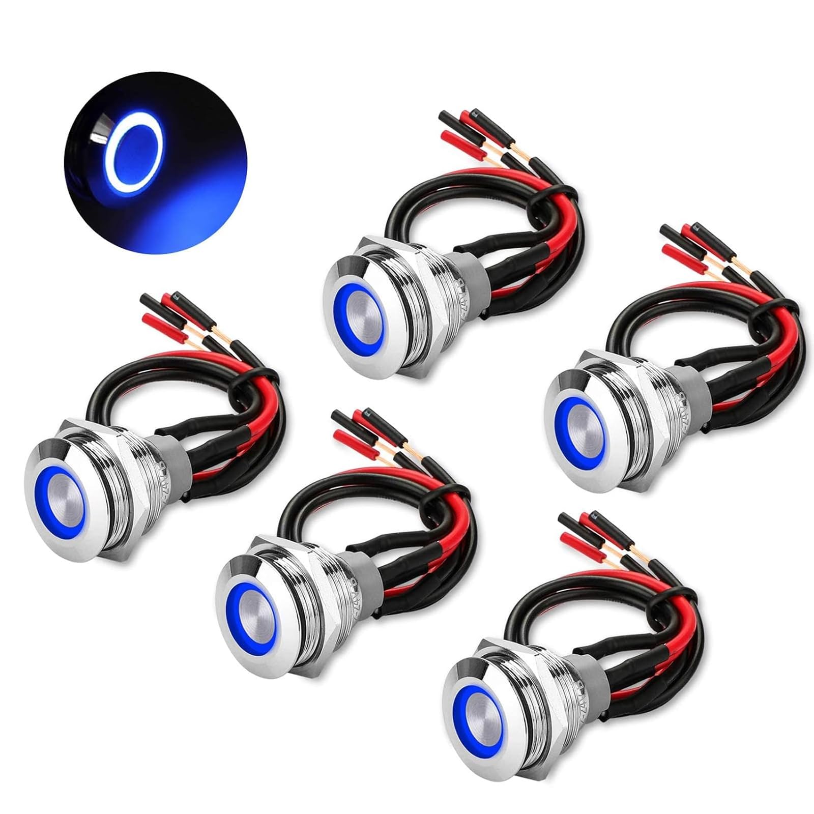 Linkstyle 19mm Latching Push Button Switch - 12V Metal Self-Locking SPST ON-Off Switch with Wiring Harness & Blue LED Light (5Pcs) - Perfect for Boats, Cars, Marine, RV & Industrial Control Panels