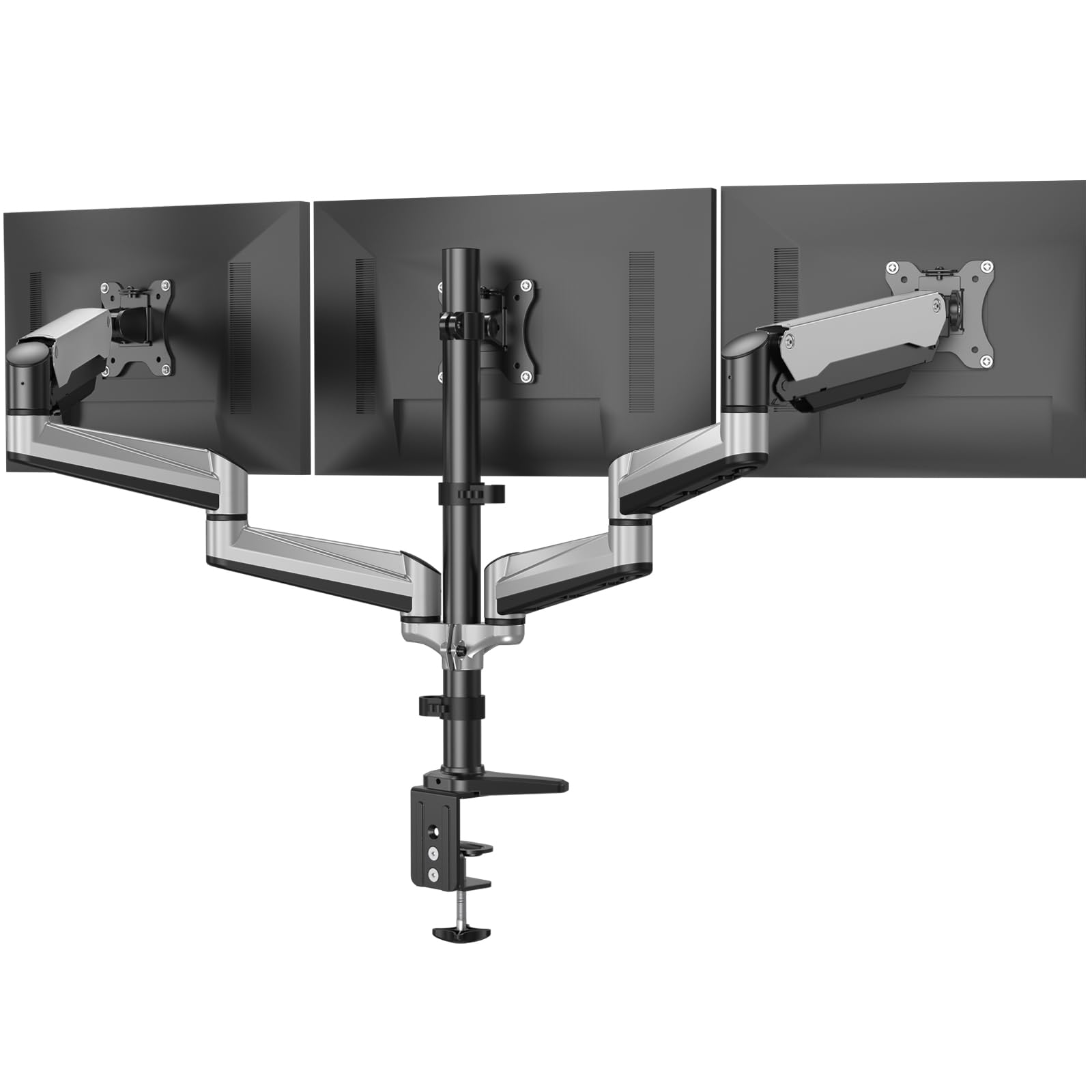 HUANUO Triple Monitor Stand - Adjustable Gas Spring Mount for 3 Monitors 17-32 Inch, Flat/Curved Screens, with Clamp & Grommet Kit (Silver) - Perfect for Gaming, Office Work & Multi-Tasking Setup