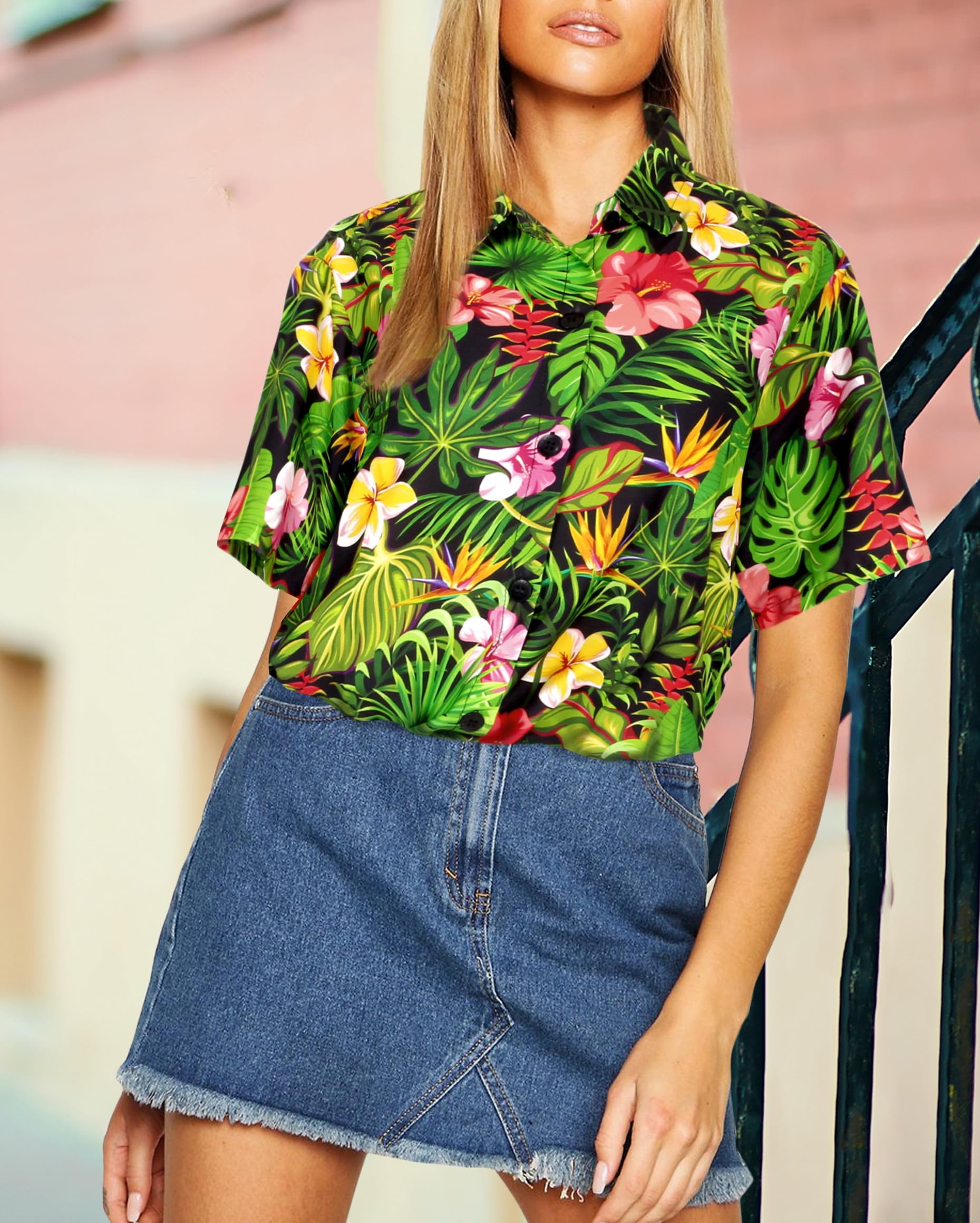 Happy Bay Women's Short Sleeve Hawaiian Blouse - Floral Print Vacation Shirt for Beach, Summer & Tropical Outfits