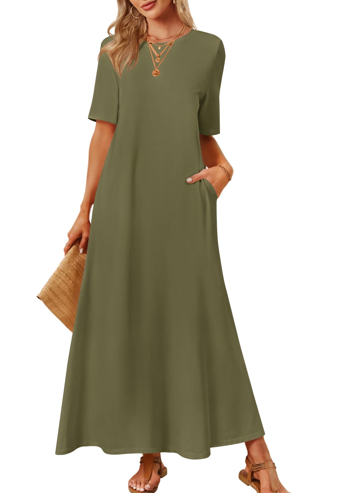 MEROKEETY Women's 2025 Spring Summer Casual Maxi Dress - Short Sleeve Crewneck Long T-Shirt Dress for Beach Vacation & Everyday Wear | Flowy Comfort Dress for Outings, Travel & Relaxation