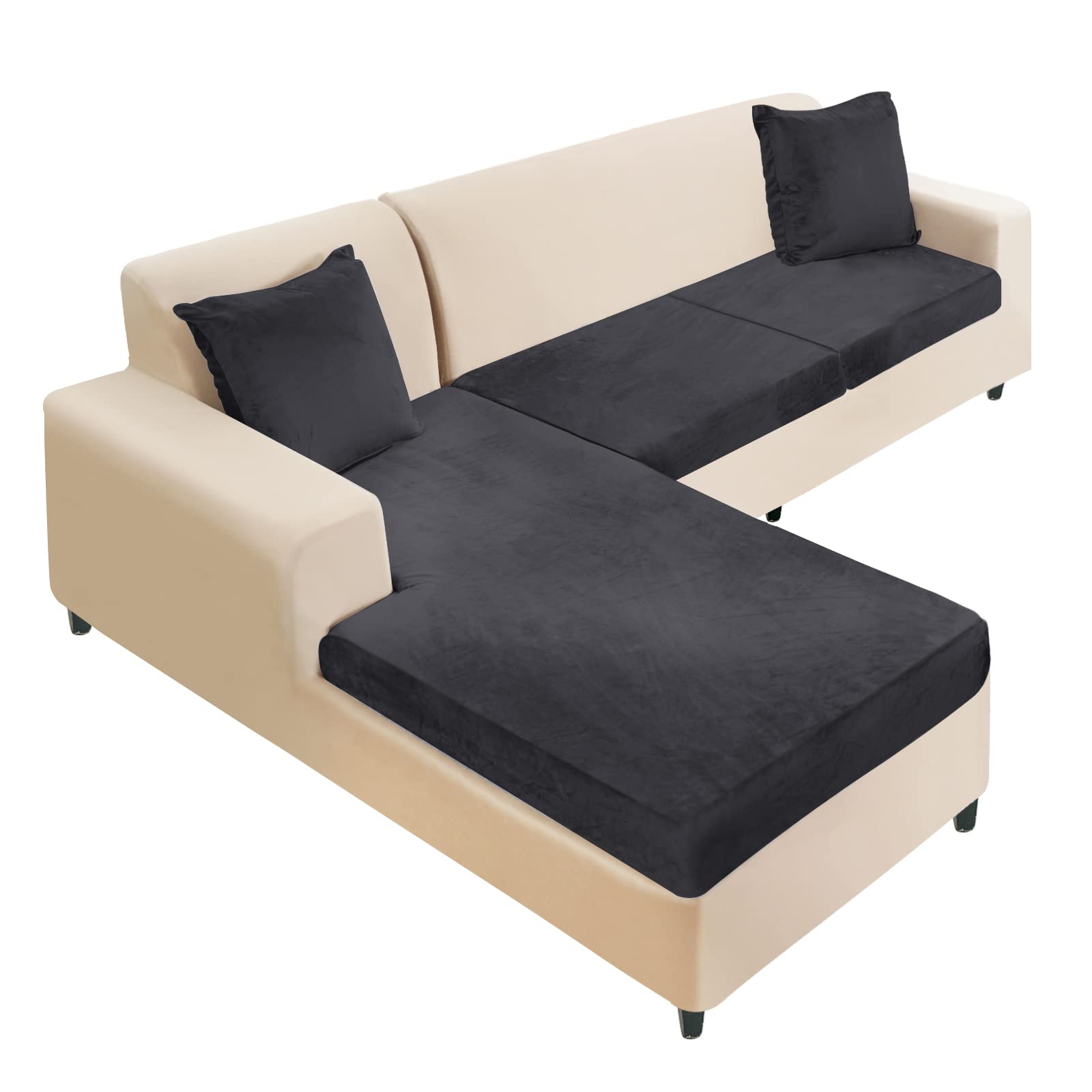 NAISI 3-Piece Velvet Sectional Sofa Cover - Soft Stretch L-Shaped Couch Slipcover with 2 Pillowcases for Left/Right Chaise (2-Seater + 1 Chaise, Black) - Perfect for Living Room, Family Room & Home Theater Comfort