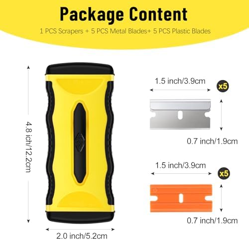 DEKEones 2-in-1 Razor Blade Scraper Tool - 5 Plastic & 5 Metal Blades for Stickers, Decals, Cooktop, Oven Cleaning - Multifunctional Scraper for Kitchen, Bathroom, Windows & DIY Projects (Yellow, 1 Pack)