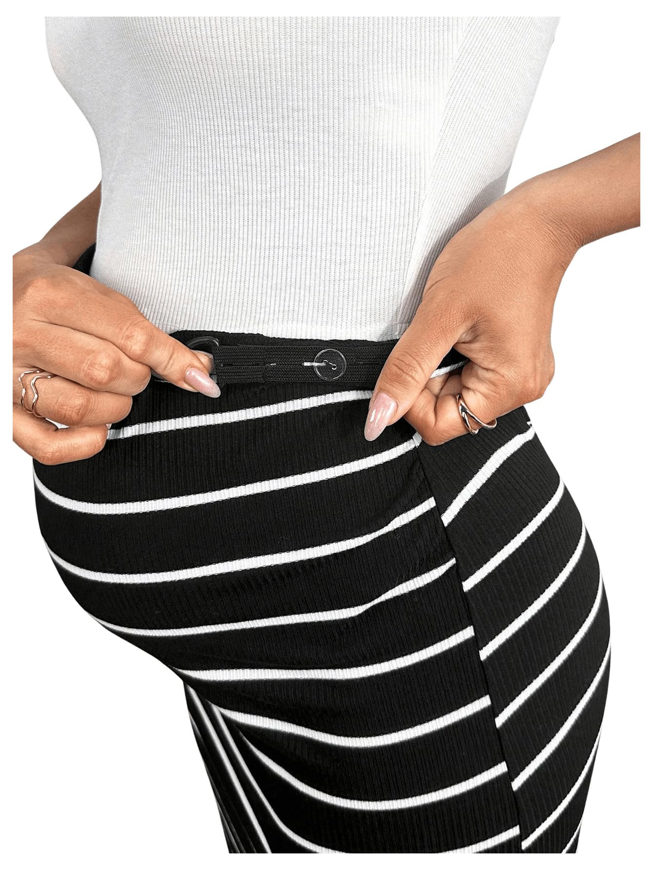 SHENHE Women's Maternity Long Striped High Waist Adjustable Split Skirt - Comfortable Pregnancy Dress for Work, Travel & Casual Wear