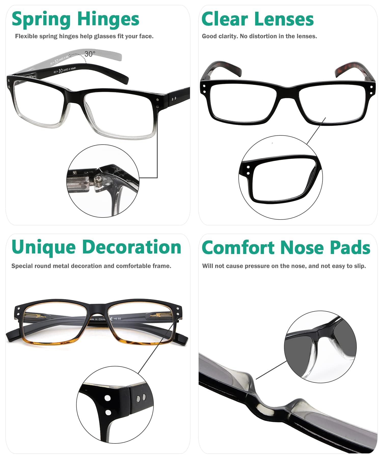 Eyekepper 5 Pack Reading Glasses for Men & Women - Spring Hinged Cheater Glasses with Case - Lightweight Readers + Sunglasses for Reading, Driving & Outdoor Activities