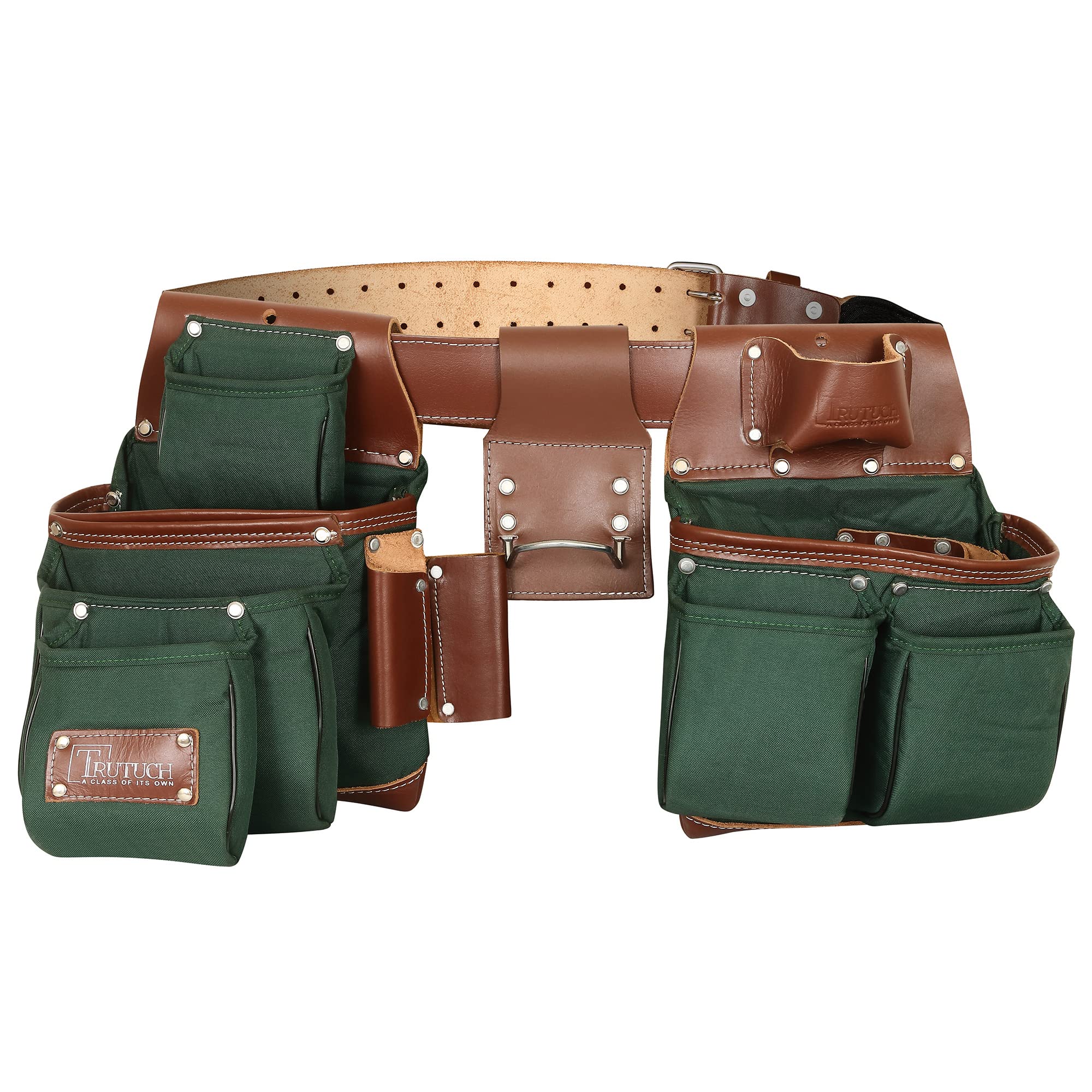 Durable Nylon & Leather Tool Belt for Carpenters, Electricians & Construction Workers - Heavy Duty Framing Tool Bag with Pouch - Perfect for Job Sites & DIY Projects (Green)