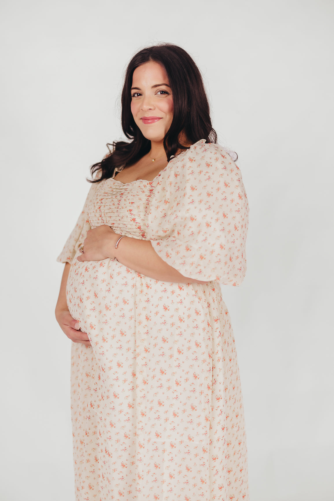 Melody Maxi Dress with Pleats & Bow Detail - Ivory Floral Print Maternity Dress | Bump Friendly & Inclusive Sizing (S-3XL) | Perfect for Weddings, Baby Showers & Summer Events