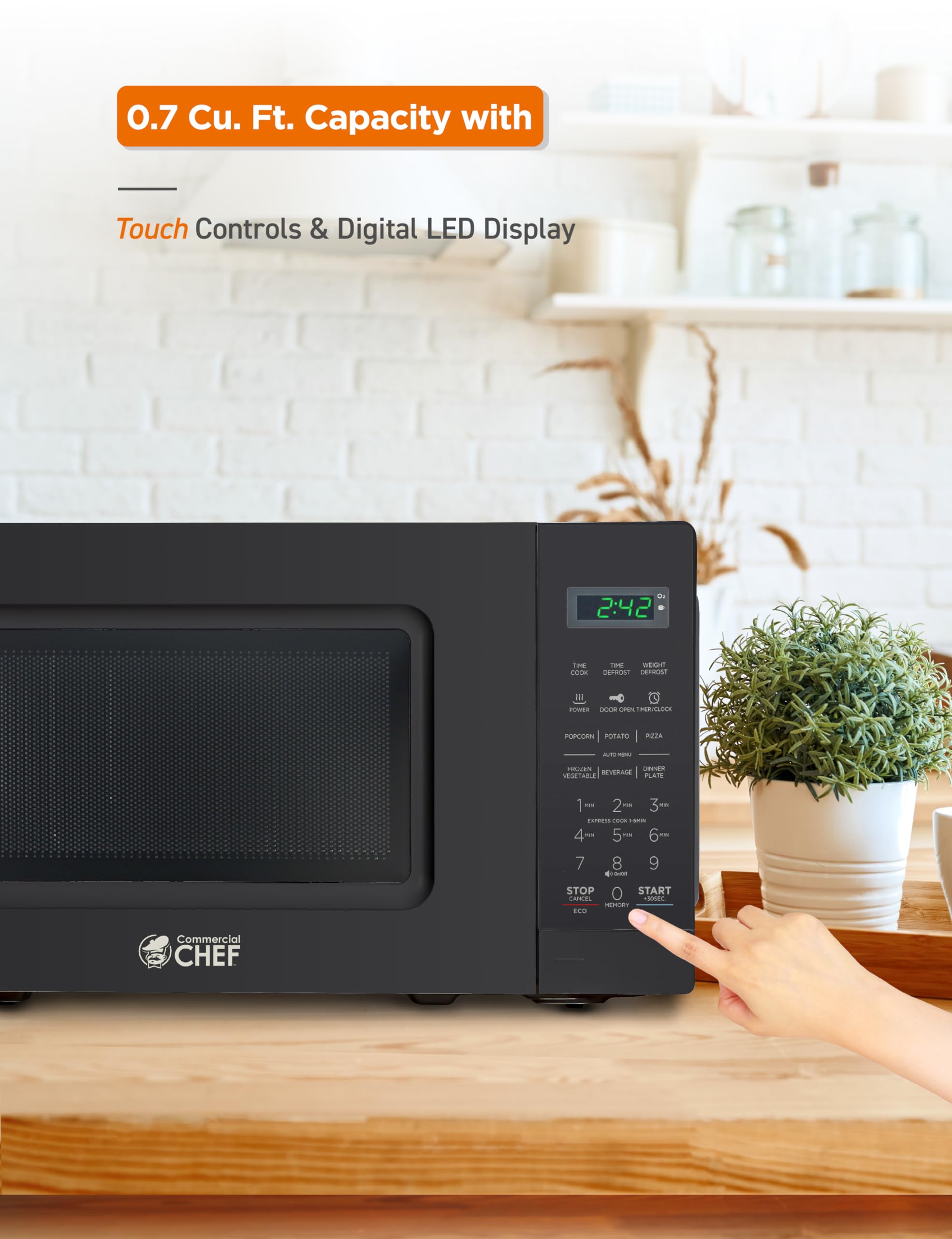 Commercial Chef 0.7 Cu Ft Countertop Microwave Oven - 700W with 10 Power Levels, Digital Display & Child Safety Lock - Perfect for Dorms, Offices & Small Kitchens - Black
