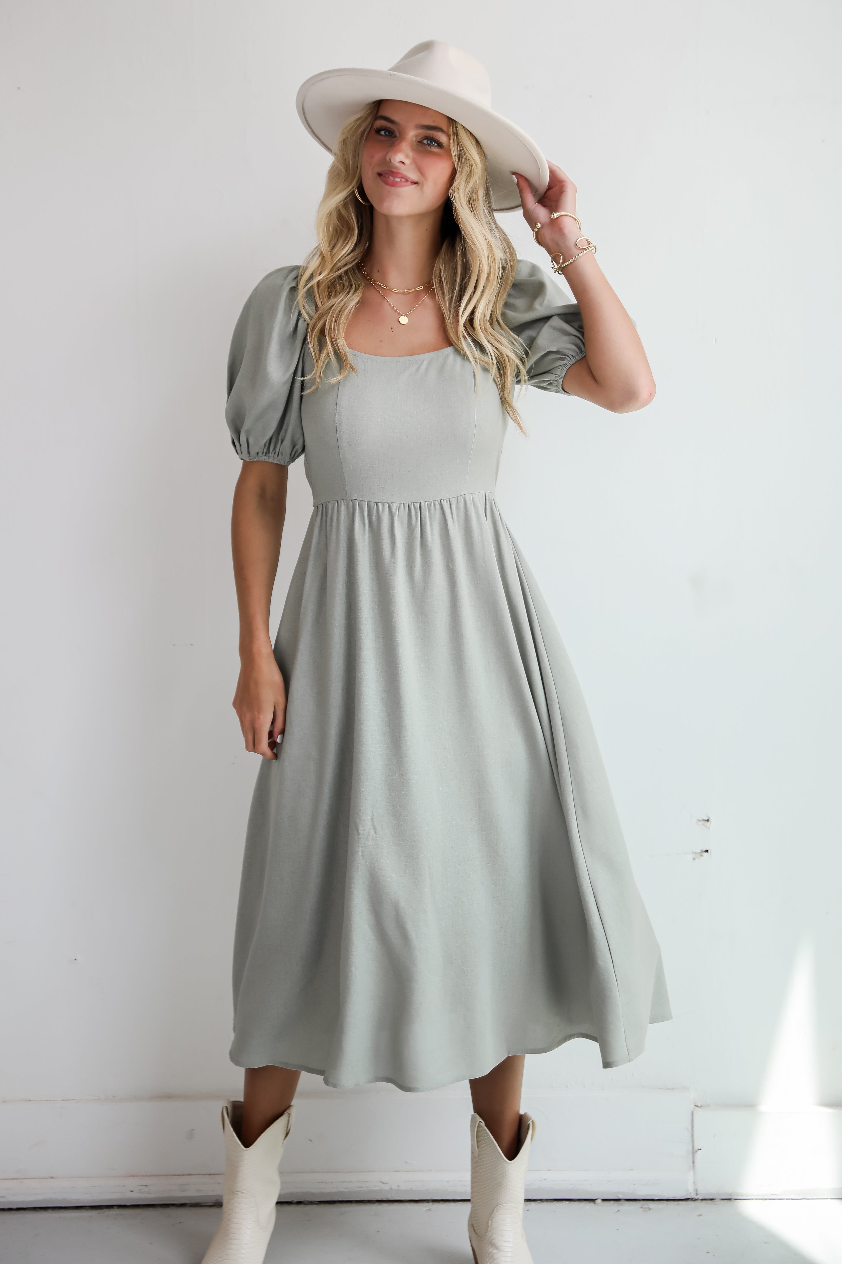 Chic Sage Green Linen Midi Dress for Women - Elegant Summer Casual Outfit for Brunch, Beach & Date Nights