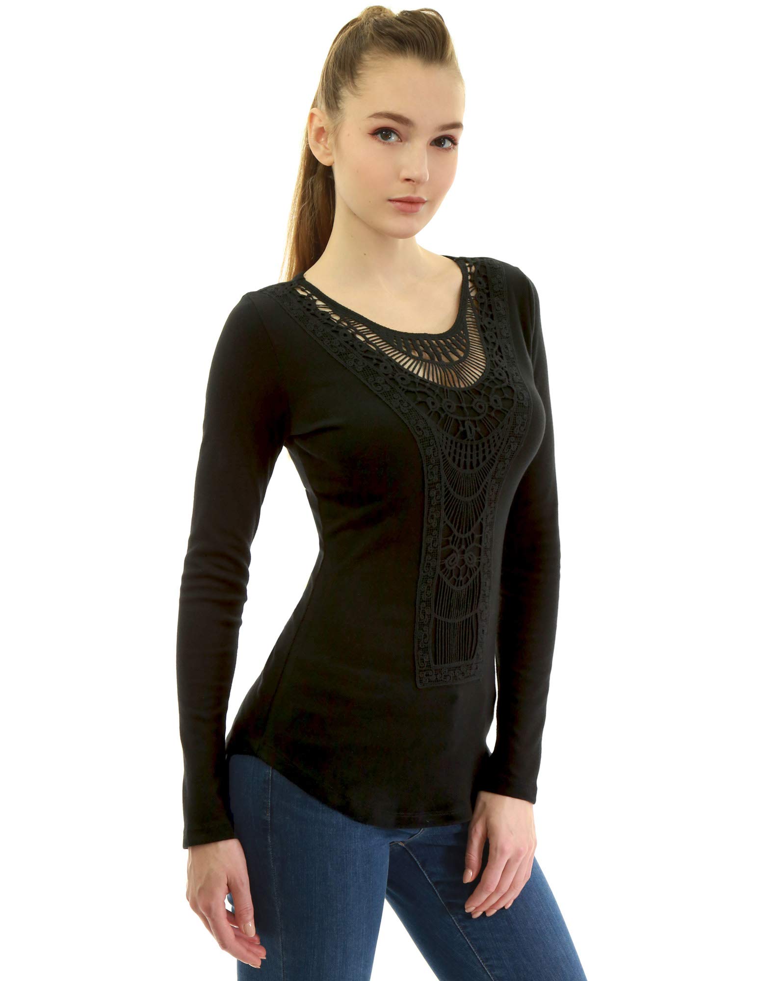 AmélieBoutik Women's Cotton Blend Crochet Lace Blouse - Elegant Curved Hem Tunic Top for Casual Wear, Office & Date Night Outfits