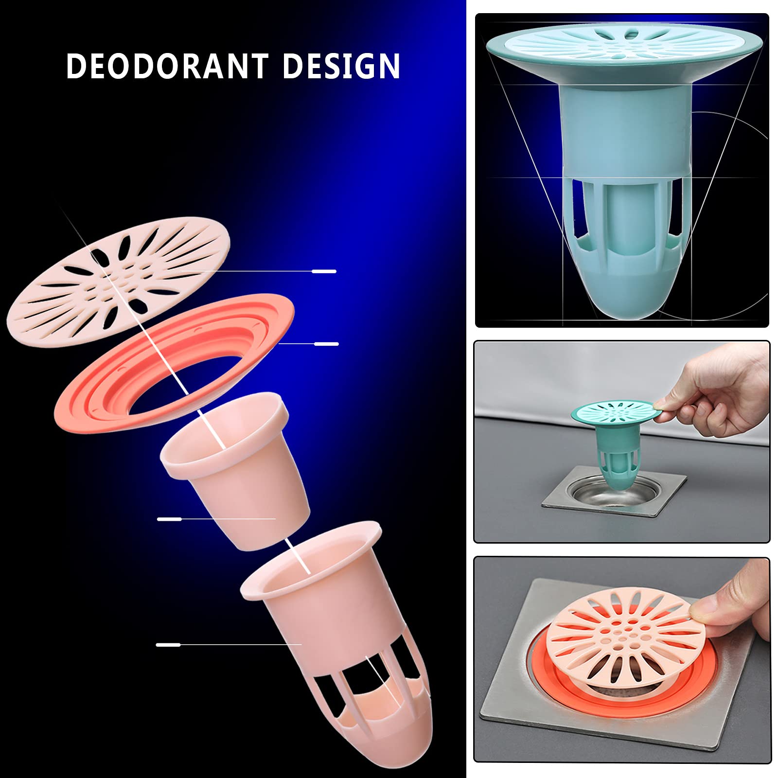 Anti-Backflow Shower Drain Valve - 2 Pack Pink Sewer Core Drain Plug with Hair Catcher & Gas Seal - Bathroom Floor Strainer for Clog Prevention & Odor Control - Ideal for Homes, Apartments & RV Showers