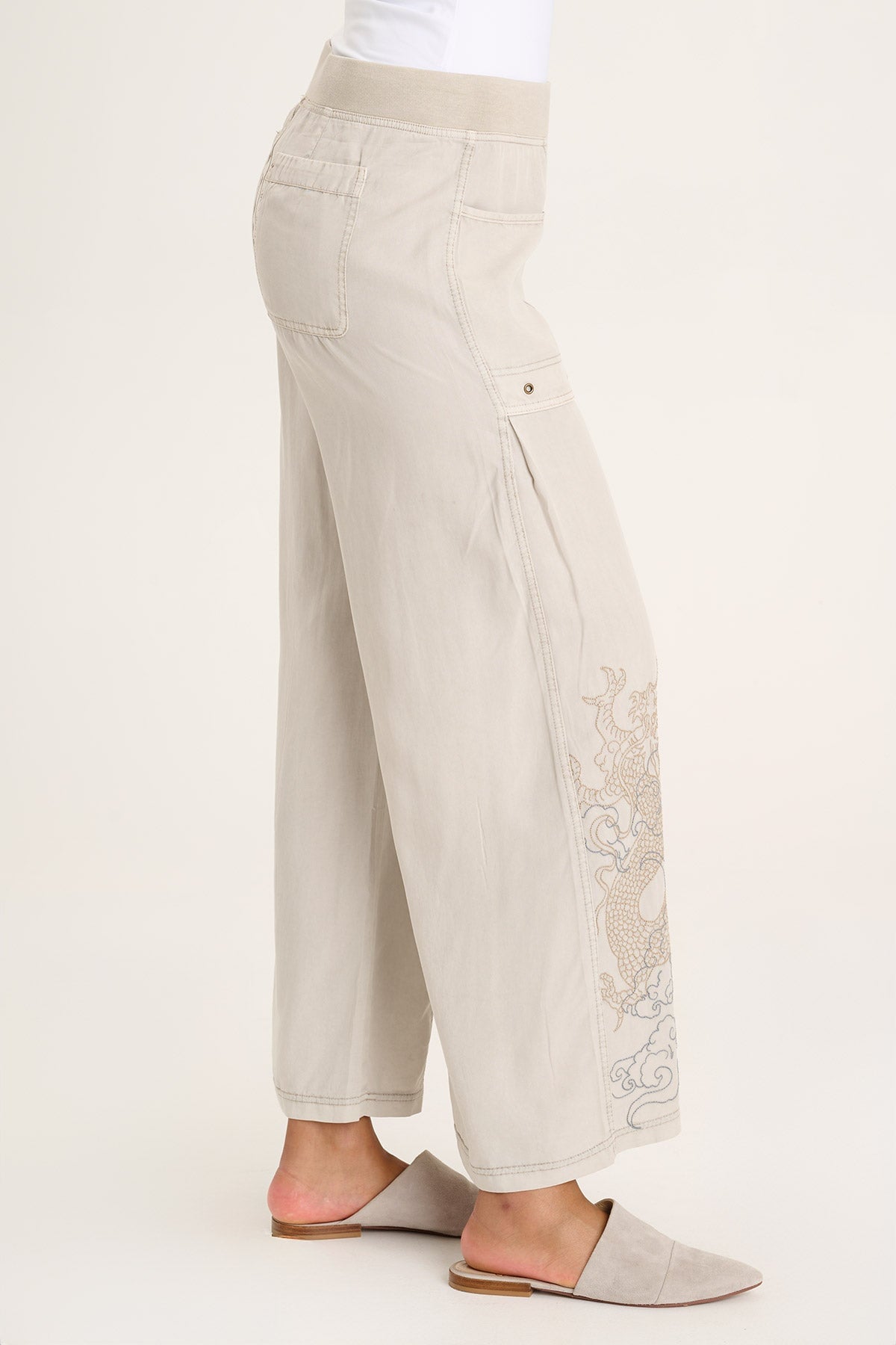 Phedora Women's Twill Embroidered Wide Leg Pants - Comfortable High Waist Loose Fit Trousers for Work, Office & Casual Outfits