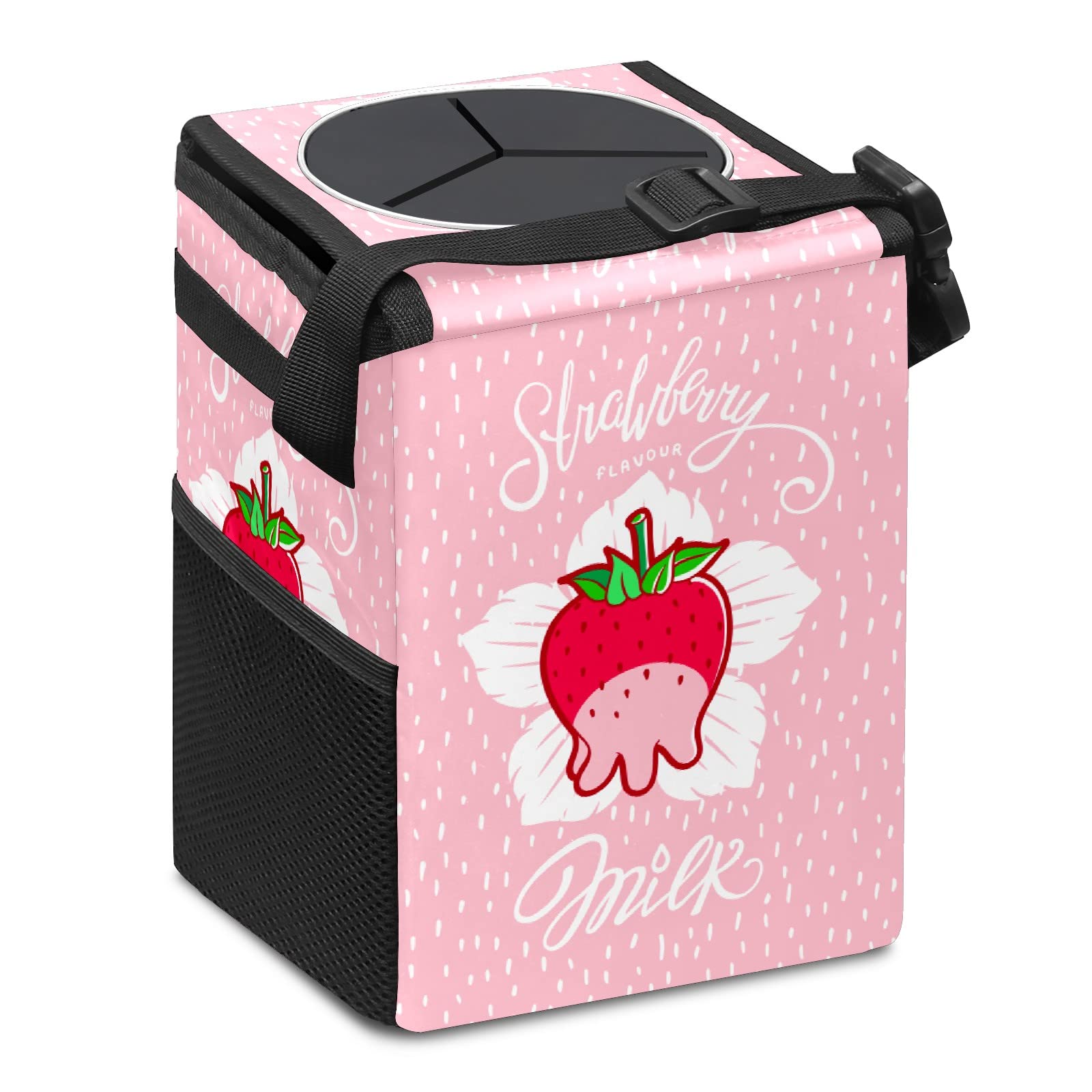 Collapsible Reusable Waterproof Car Trash Can with Lid - Strawberry Milk Design - Automotive Garbage Bin for Car, Truck & SUV - Perfect for Road Trips, Commuting & Keeping Your Vehicle Clean