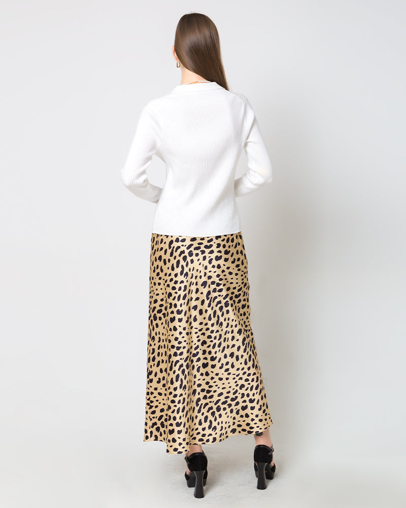 Silk Satin Bias Cut Long Leopard Print Skirt - Elegant Women's Fashion Skirt for Party, Date Night & Special Occasions