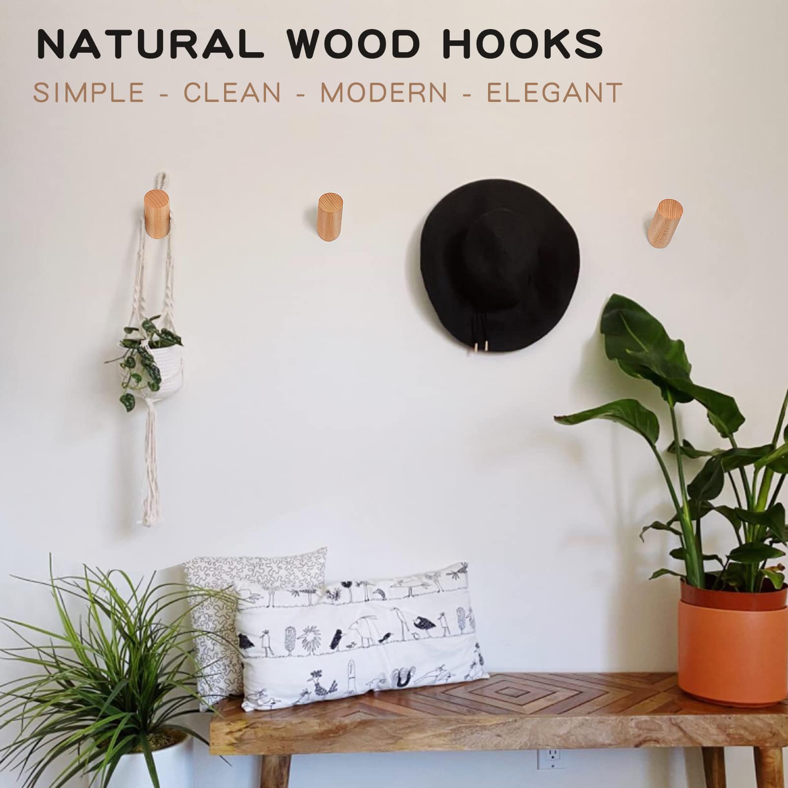 Natural Beech Wood Wall Hooks (2 Pack) - Heavy Duty Coat Hooks for Entryway, Bathroom & Bedroom - Perfect for Hanging Coats, Hats, Towels & Robes - Wall Mounted Rustic Home Decor