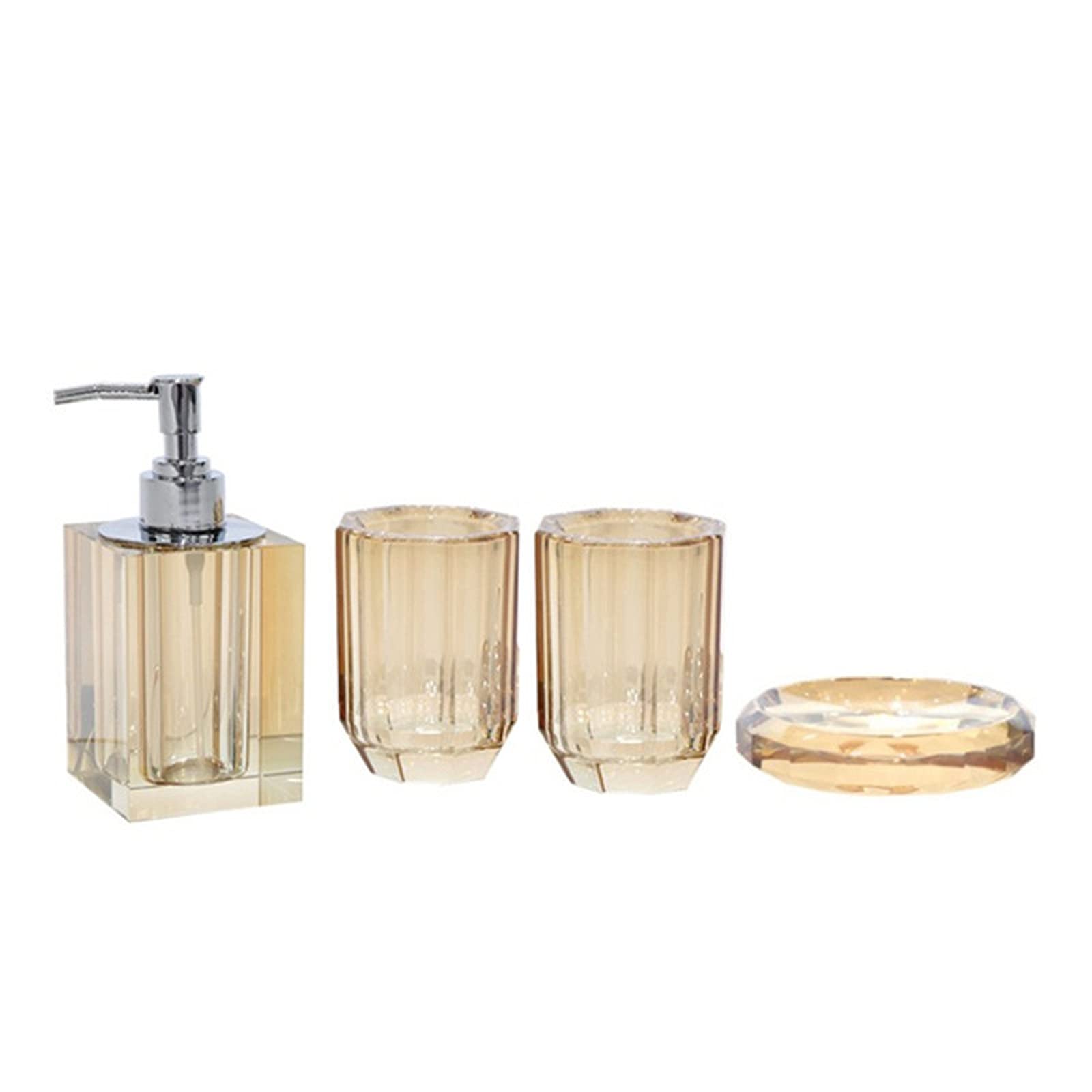 Premium 4-Piece Amber Crystal Glass Soap Dispenser Set - Refillable Hand Soap & Lotion Bottle, Mouthwash Cup & Soap Dish - Elegant Bathroom Countertop Decor for Couples & Home Use