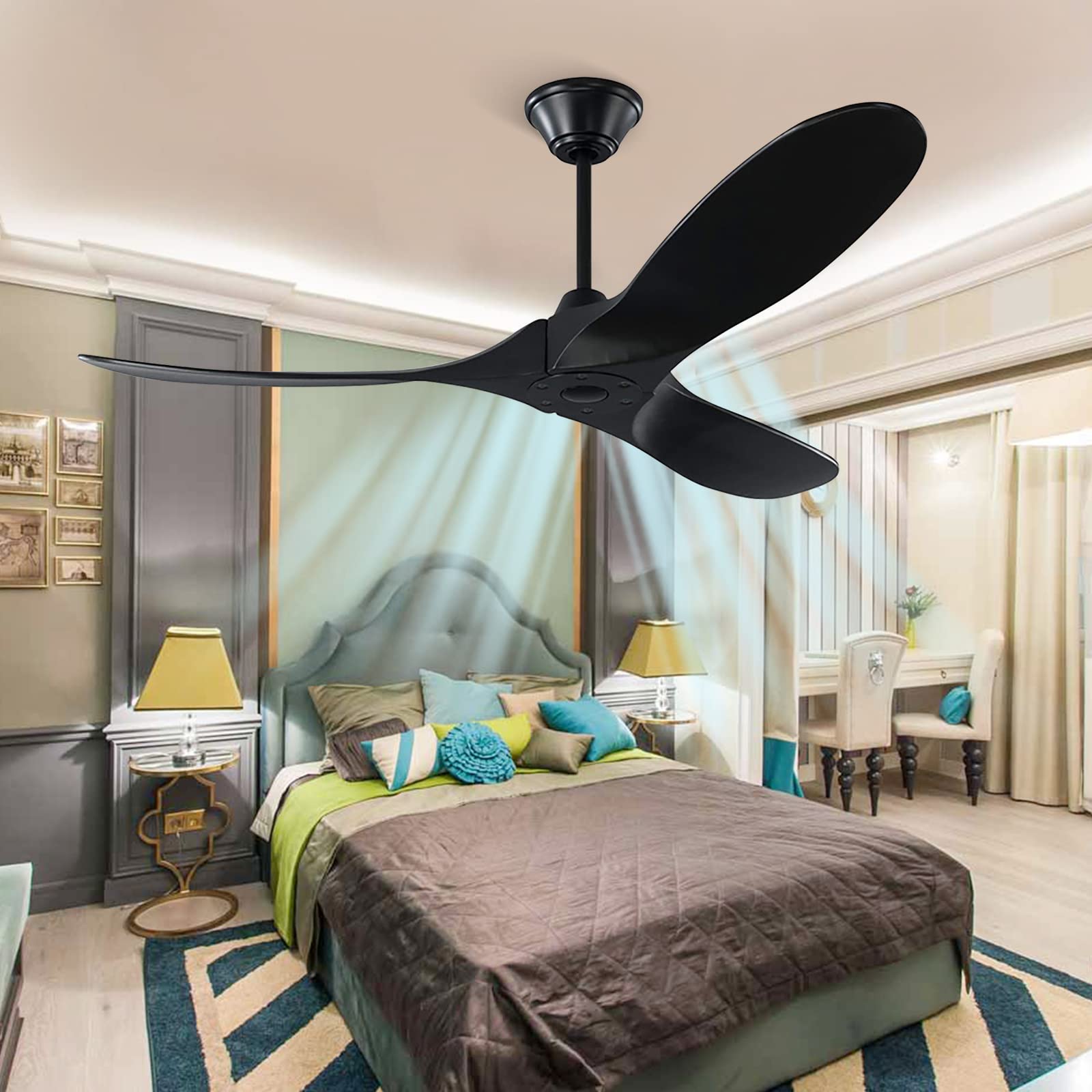 52 Inch Black Ceiling Fan with Remote Control - 3 Blade Wood Outdoor Ceiling Fan for Patio, Living Room & Farmhouse - Noiseless Retro Commercial Ceiling Fan for Indoor/Outdoor Use - Perfect for Cooling Large Spaces