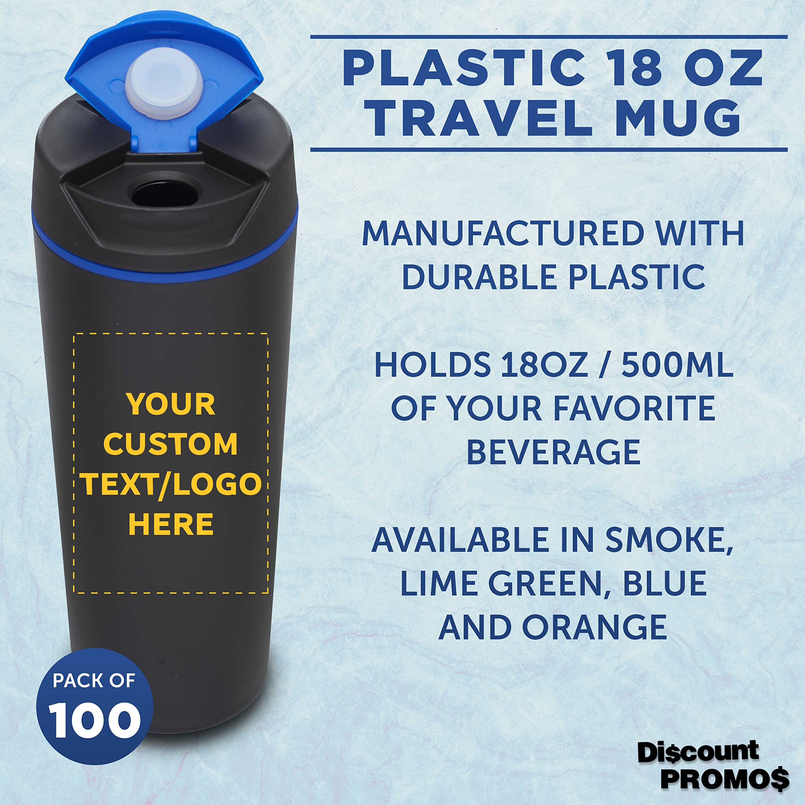 Custom Double Wall Insulated Plastic Travel Mugs 18oz (100-Pack) - Personalized Bulk Coffee Cups for Hot & Cold Beverages - Black & Blue - Perfect for Office, Events, Restaurants & Coffee Shops