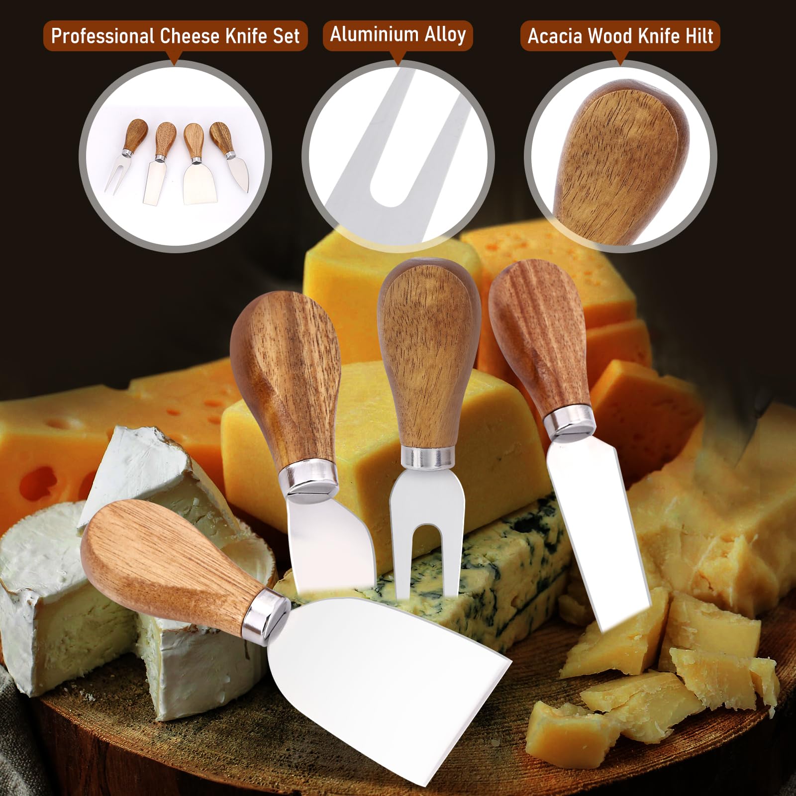 4-Piece Premium Stainless Steel Cheese Knife Set - Professional Charcuterie Board Knives for Cheese, Butter & Charcuterie | Perfect for Dinner Parties, Wine Tastings & Gourmet Cheese Platters