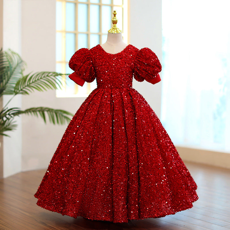 Burgundy Sequined A-Line Flower Girl Dress with Puff Sleeves - Elegant Flower Girl Outfit for Weddings, Pageants & Special Occasions