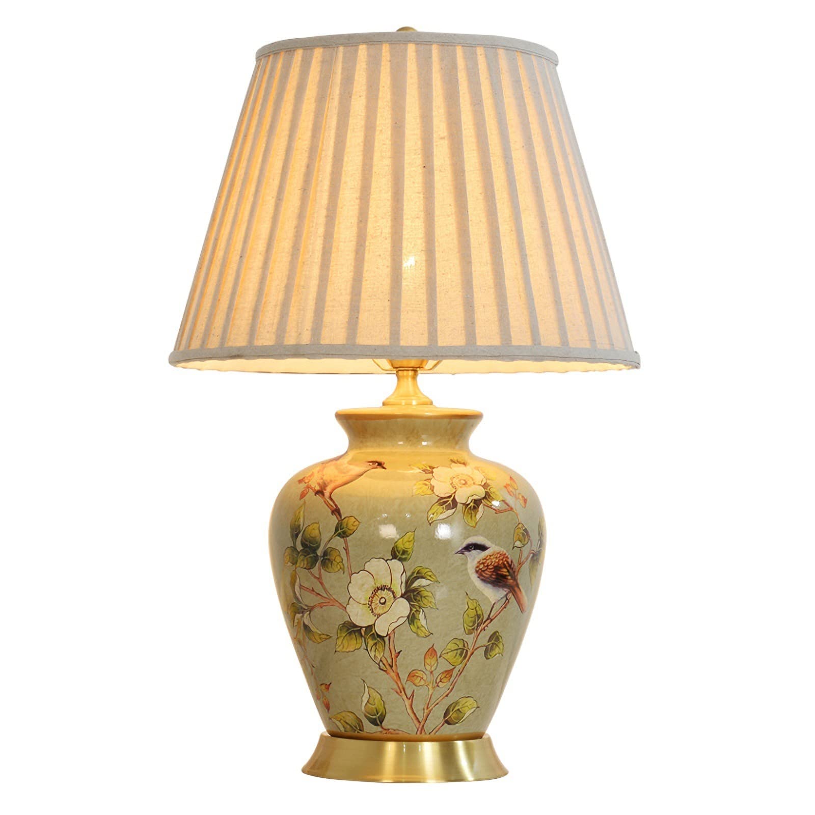 American Flower & Bird Ceramic Table Lamp - Hand-Painted Chinoiserie Design with Fabric Lampshade, LED Bulb Included - Perfect for Bedroom, Living Room, Office, College Dorm & Bookcase Decor - Creates Cozy Ambiance for Reading, Relaxation & Home Decor