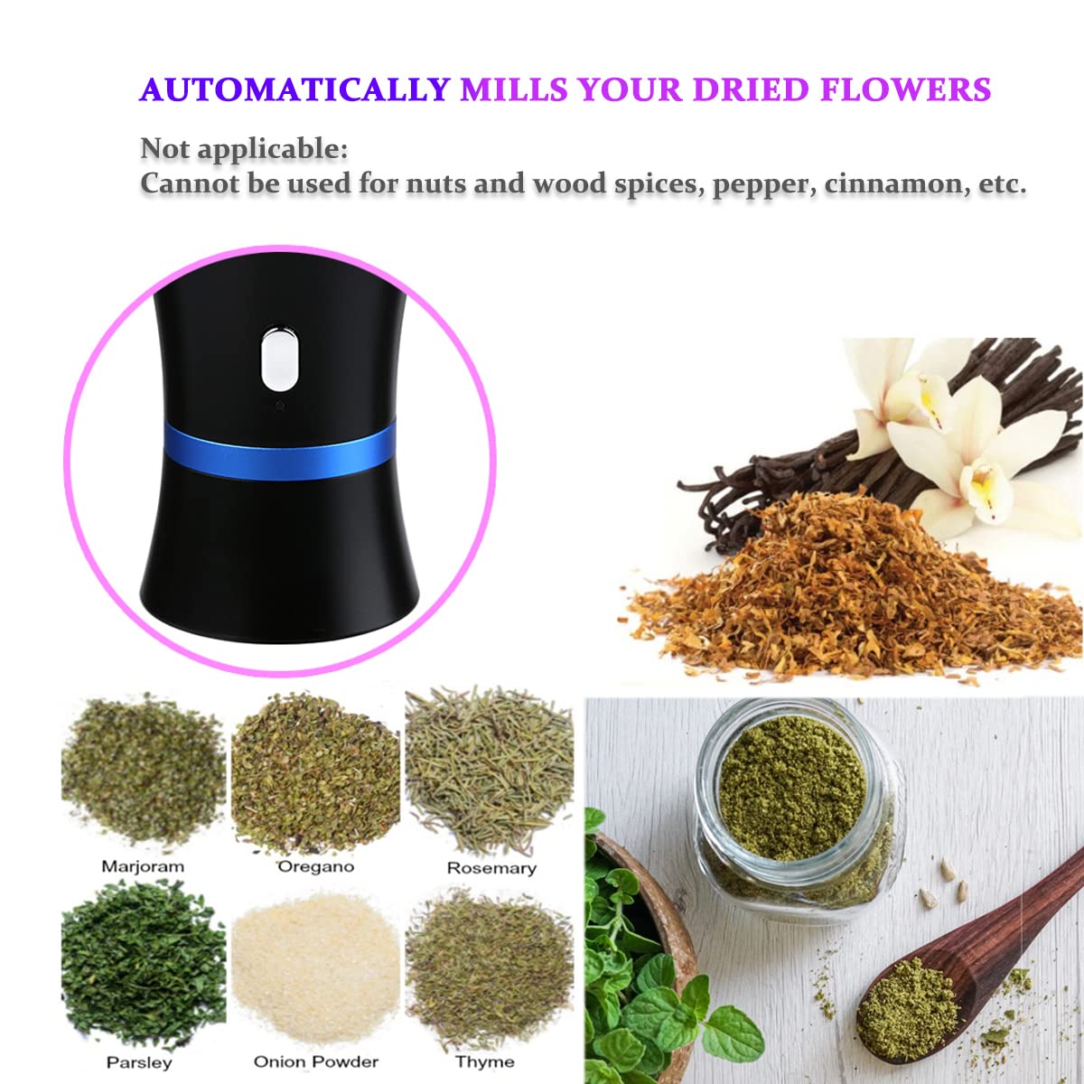 Premium Electric Herb Grinder - USB Rechargeable Spice Crusher with 2 Glass Storage Jars | Compact & Portable for Fresh Herbs, Spices, and Flower Buds | Perfect for Travel, Camping, and Home Kitchen Use
