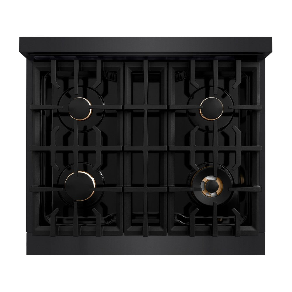ZLINE Autograph Edition 30-inch 4.2 cu. ft. Dual Fuel Range - Black Stainless Steel with Gold Accents - 4 Burner Gas Cooktop & Convection Oven - Professional Kitchen Appliance for Home Chefs & Cooking Enthusiasts