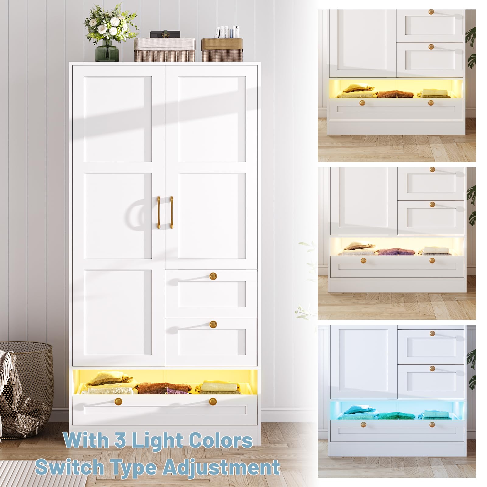 White Maupvit 2-Door LED Wardrobe with Drawers & Hanging Rod - Spacious Bedroom Closet Organizer for Laundry Storage