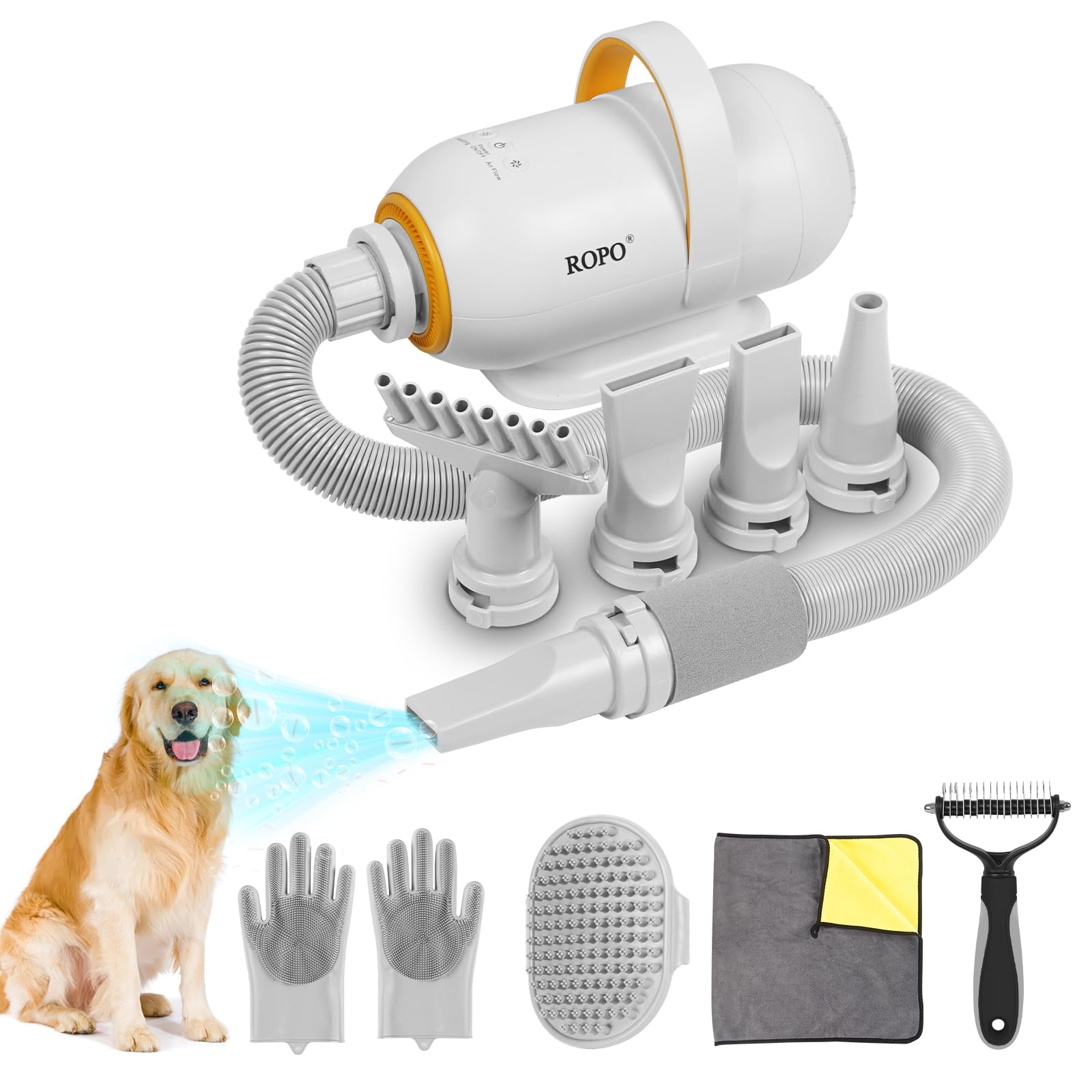 ROPO High Velocity Dog Dryer - Adjustable Speed & Temperature, Intelligent Digital Screen Display, Powerful Pet Hair Blower for Grooming (White, SE01) - Perfect for Professional Groomers & Home Pet Care