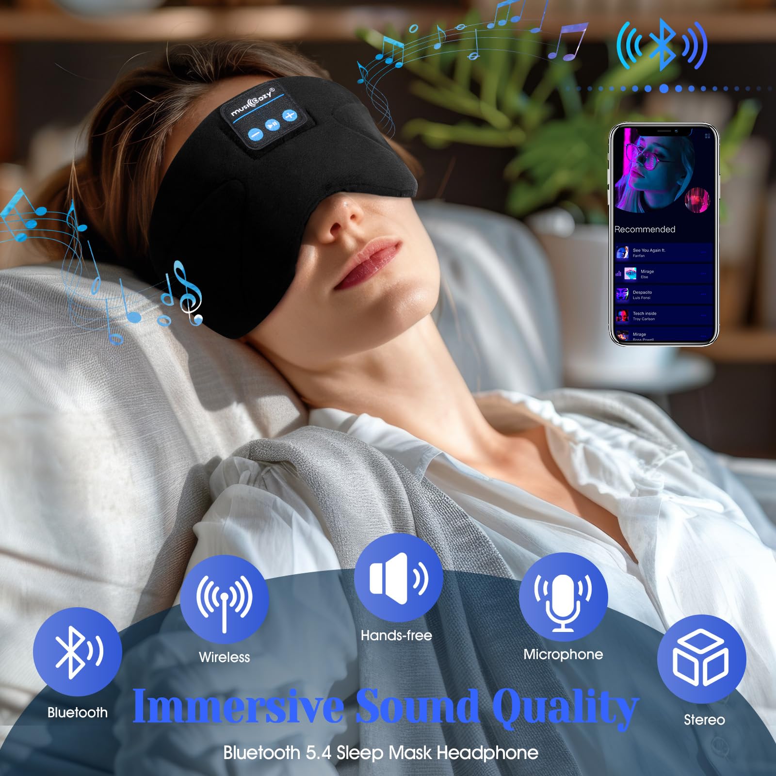 Musicozy Bluetooth Sleep Mask with Headphones - Soft Blackout Eye Mask for Sleeping, Relaxation, Travel, Meditation & Yoga - Wireless Sleep Headphones for Men & Women - Perfect for Nighttime Use, Airplane Travel & Stress Relief