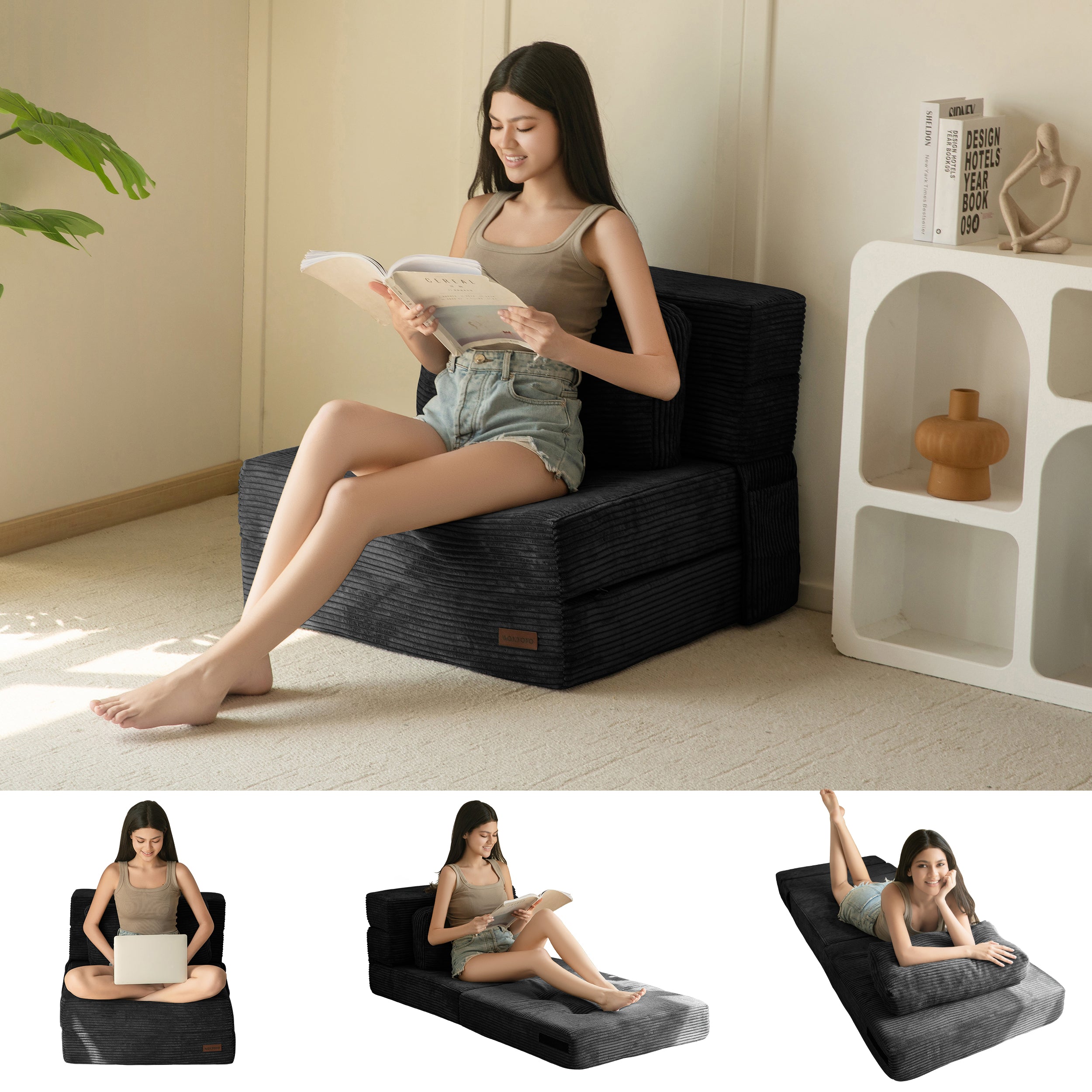 MAXYOYO 3-in-1 Convertible Sofa Bed - Fold Out Single Sleeper Sofa with Pillow, Folding Couch Bed & Foam Floor Couch for Living Room, Bedroom & Guest Room - Perfect for Small Spaces, Overnight Guests & Lounge Relaxation - Black
