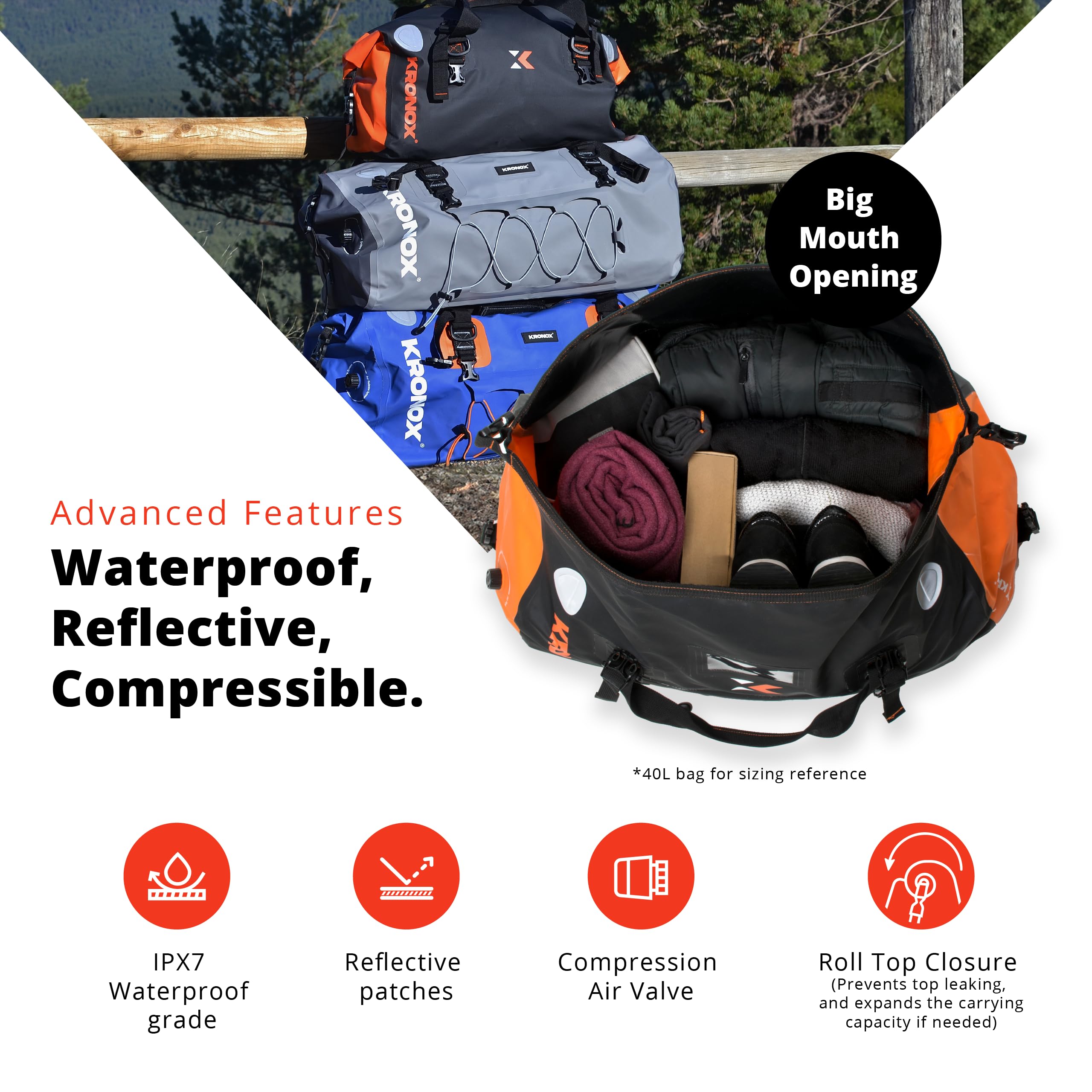 KRONOX Waterproof Motorcycle Duffle Bag - 25L/40L/60L Travel Luggage, Dry Gear Bag for Back Seat, Tail & Rack - Perfect for Camping, Commuting & Adventure Rides