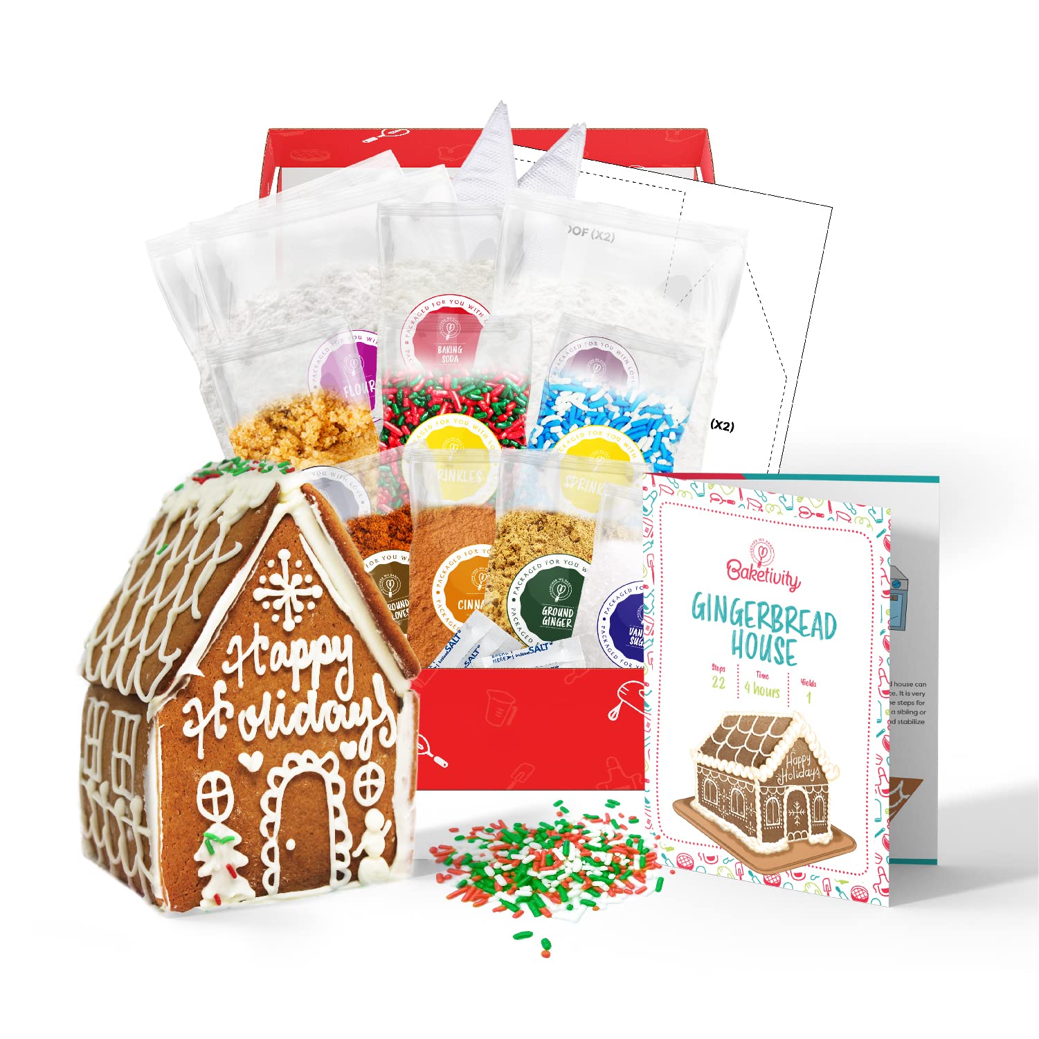 Baketivity Holiday Gingerbread House Baking Kit - DIY Edible Gingerbread House with Pre-Measured Ingredients - Fun Kids Baking Activity Set for Christmas Decorations & Family Bonding Time