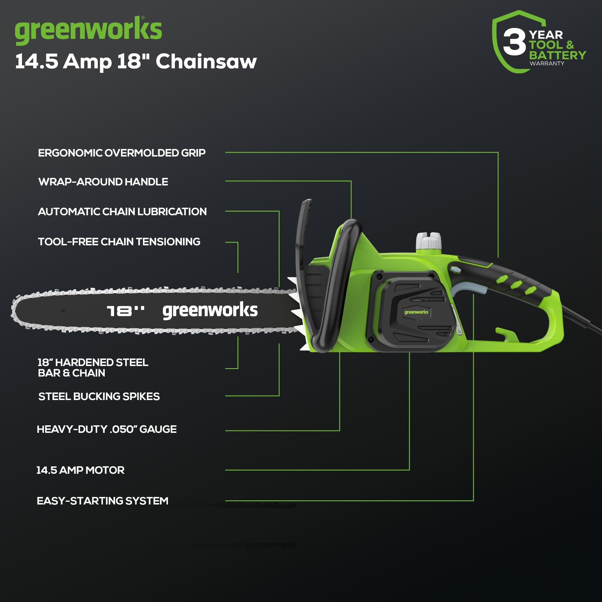Greenworks 14.5 Amp 18-Inch Corded Electric Chainsaw with Oregon Bar & Chain - Model 20332 - Automatic Oiler & Tool-Free Chain Tensioning - Perfect for Tree Trimming, Firewood Cutting & DIY Landscaping Projects