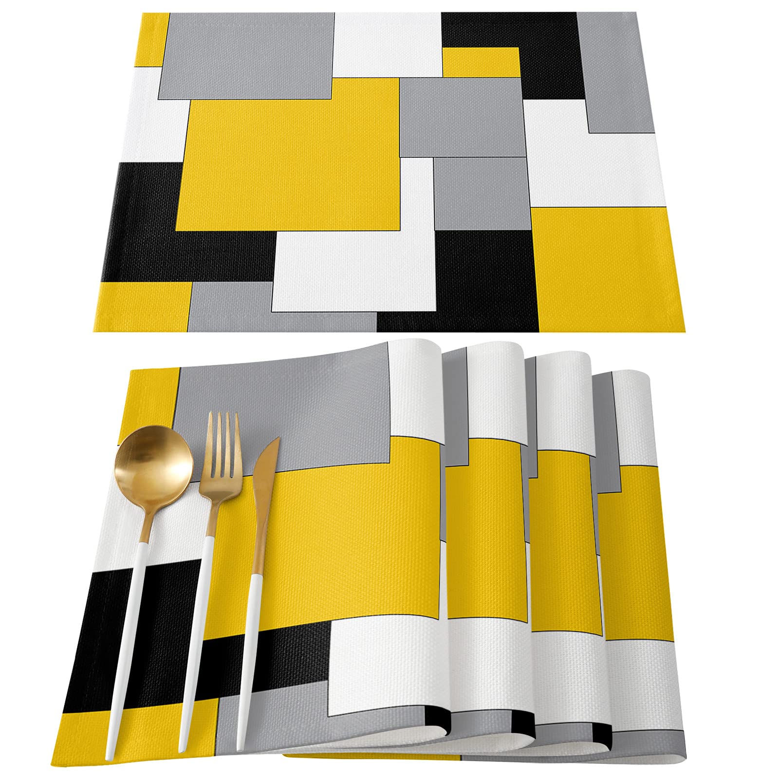 Abstract Geometric Place Mats Set of 6 - Mid Century Yellow Nordic Washable Table Mats for Dining Room, Kitchen Decor, Perfect for Dinner Parties & Everyday Use