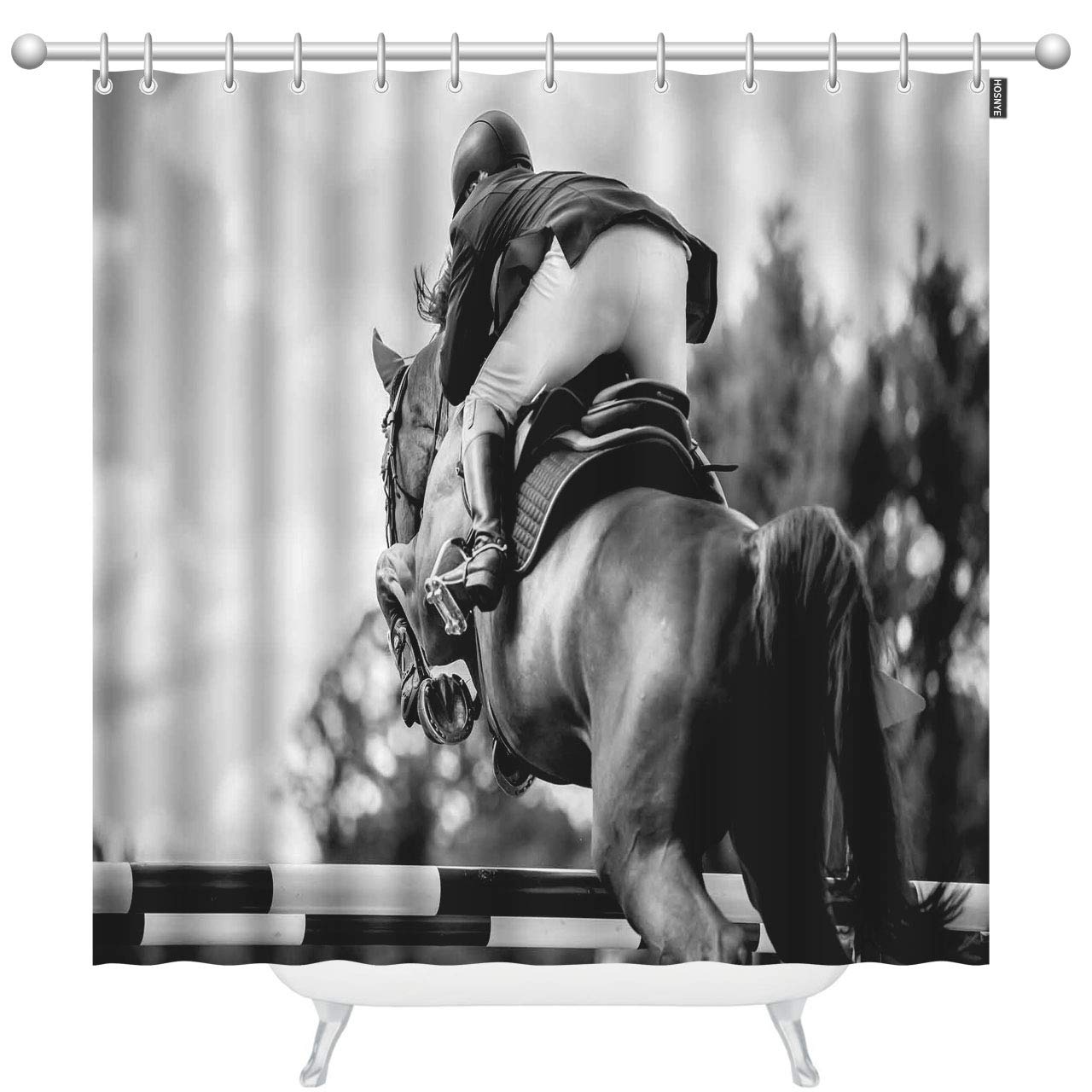 Premium Equestrian Sports Shower Curtain Set - Horse Jumping Design with 12 Rust-Proof Hooks, 72x78 Inch Waterproof Bathroom Decor for Modern Showers & Equestrian-Themed Bathrooms