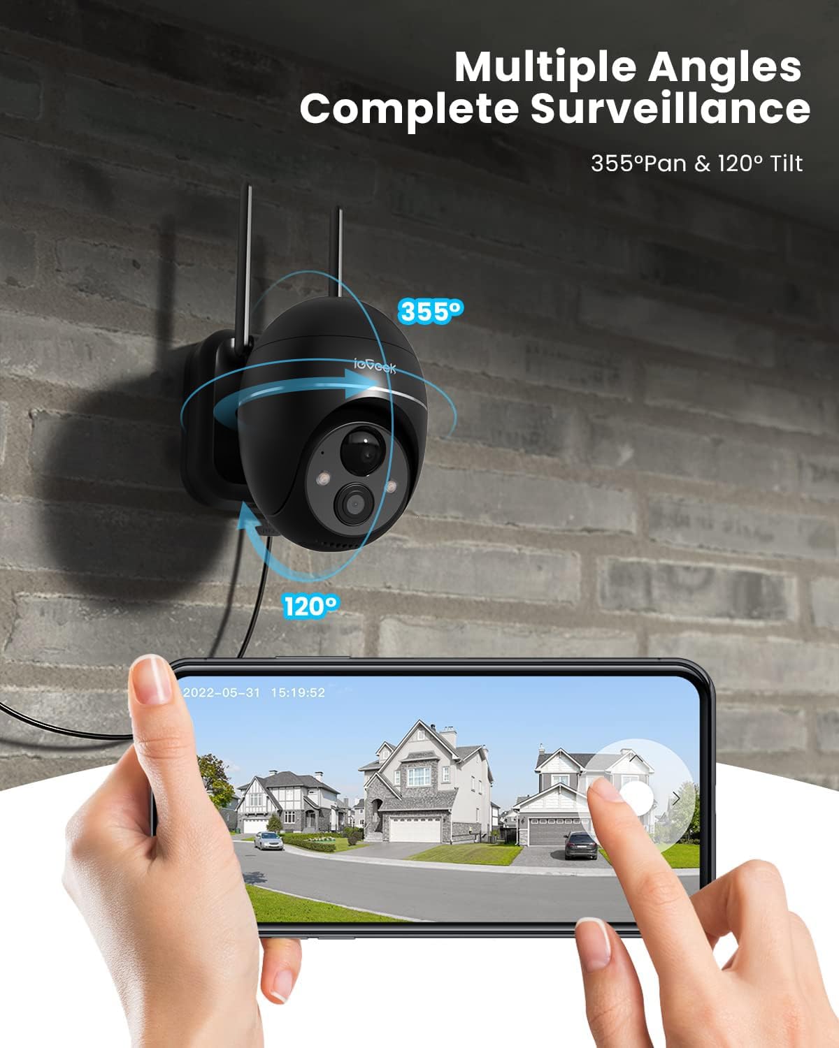 ieGeek 2K Wireless Solar Security Camera Outdoor - 360° PTZ WiFi CCTV with 5200mAh Battery, PIR Motion Detection, 355° Pan & 120° Tilt - Perfect for Home Surveillance, Yard Monitoring, and Property Protection