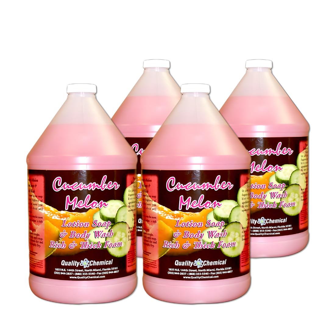 Premium Cucumber Melon Scented Hand Soap & Body Wash - 128oz Bulk Pack of 4 - Moisturizing Liquid Soap for Kitchen, Bathroom & Gym - Refillable Dispenser Friendly