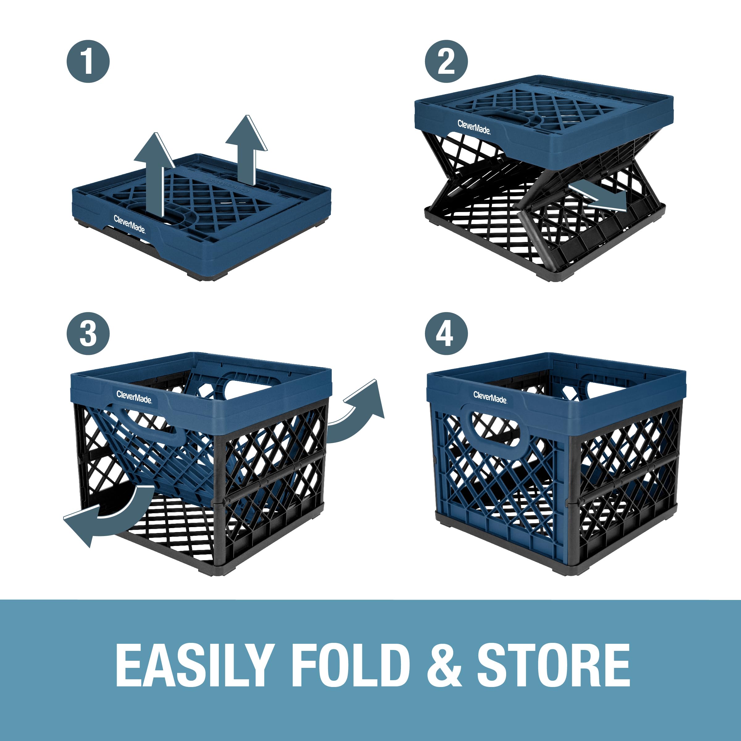 CleverMade Collapsible Milk Crate - 3 Pack Heavy Duty Stackable Storage Bins (25L/6 Gal Capacity, Holds 50lbs Each) - Multi-Purpose Collapsible Plastic Crates for Home, Office, Garage & Outdoor Organization