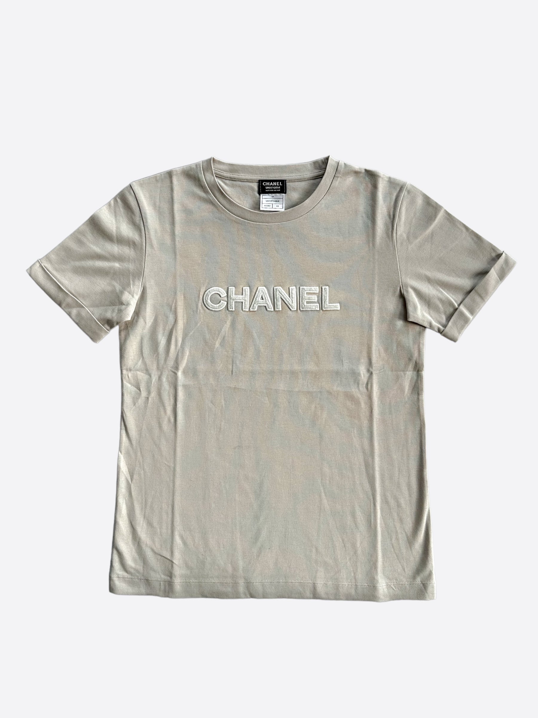 Chanel Beige Embroidered Logo Women's T-Shirt - Luxury Casual Cotton Top for Everyday Wear & Fashion Outfits