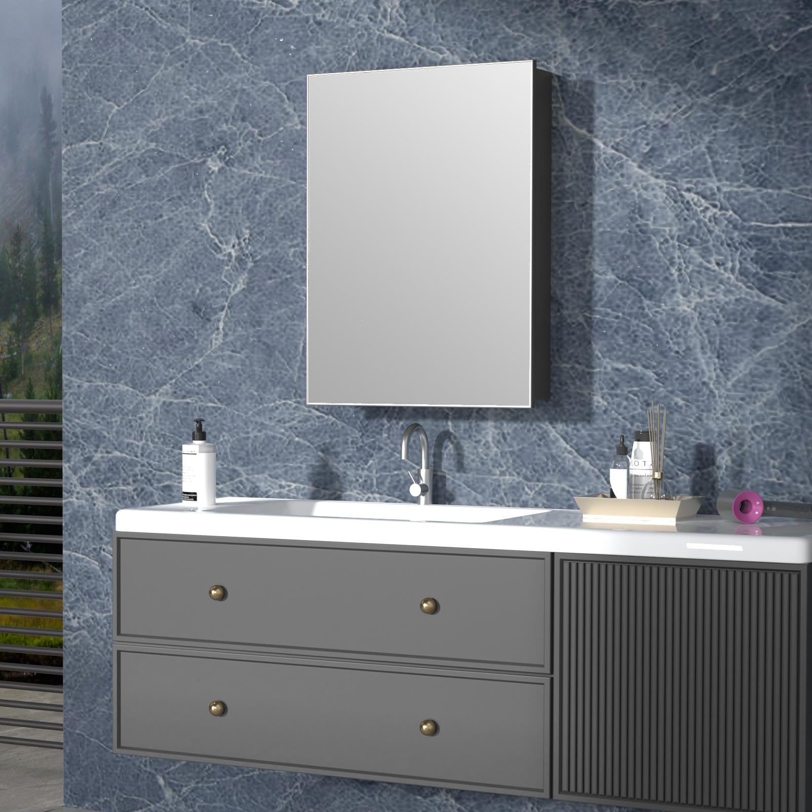 16x22 Inch Farmhouse Black Bathroom Medicine Cabinet with Mirror - Pre-Assembled Single Door Recessed/Surface Mount Aluminum Bathroom Storage - Modern Vanity Mirror for Bathroom, Powder Room & Bedroom Organization