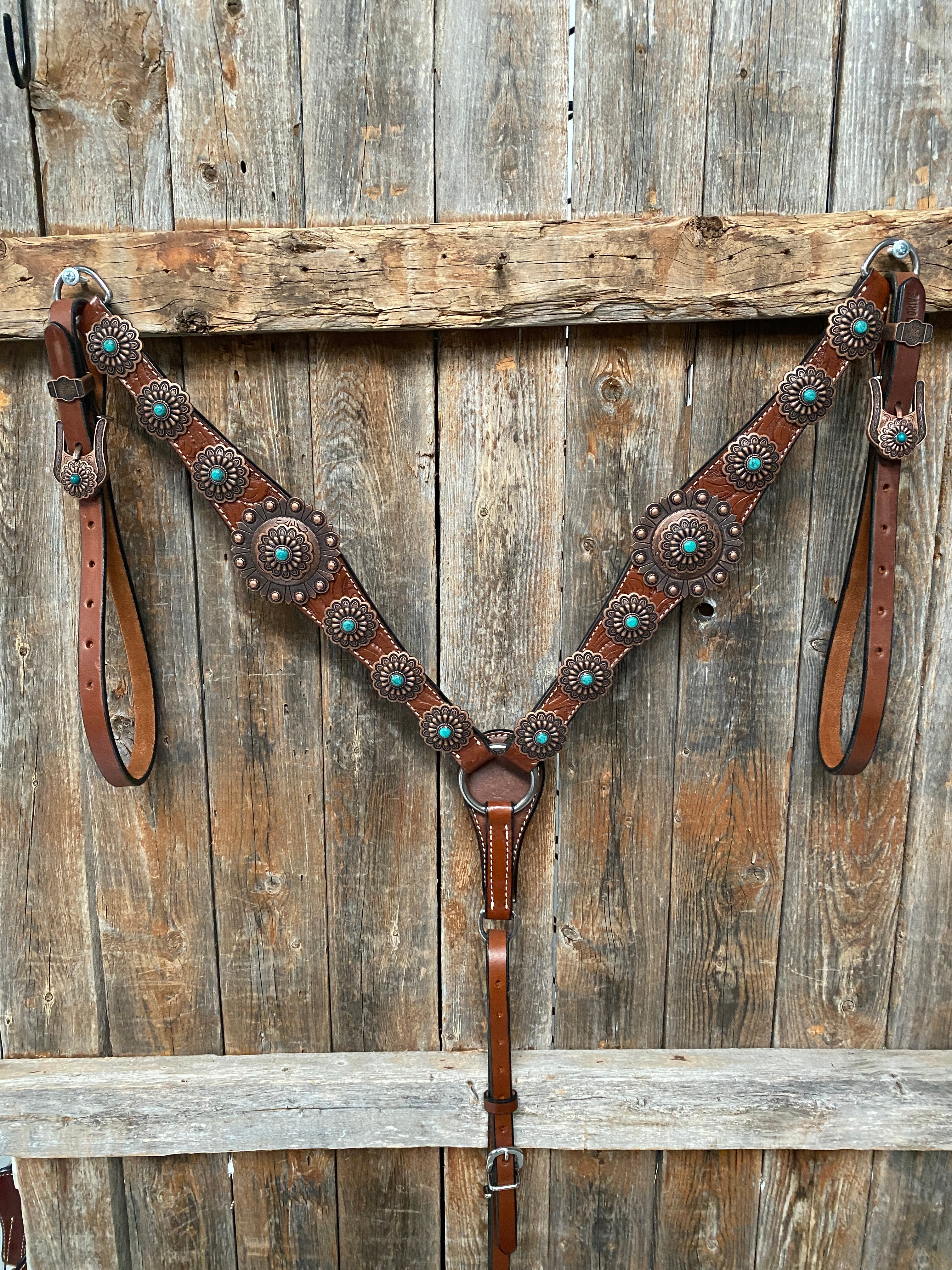Medium Oil Copper Turquoise Browband Tack Set for Horses - Western Style Equestrian Bridle Accessories #BBBC468 | Perfect for Show, Trail Riding, and Ranch Work